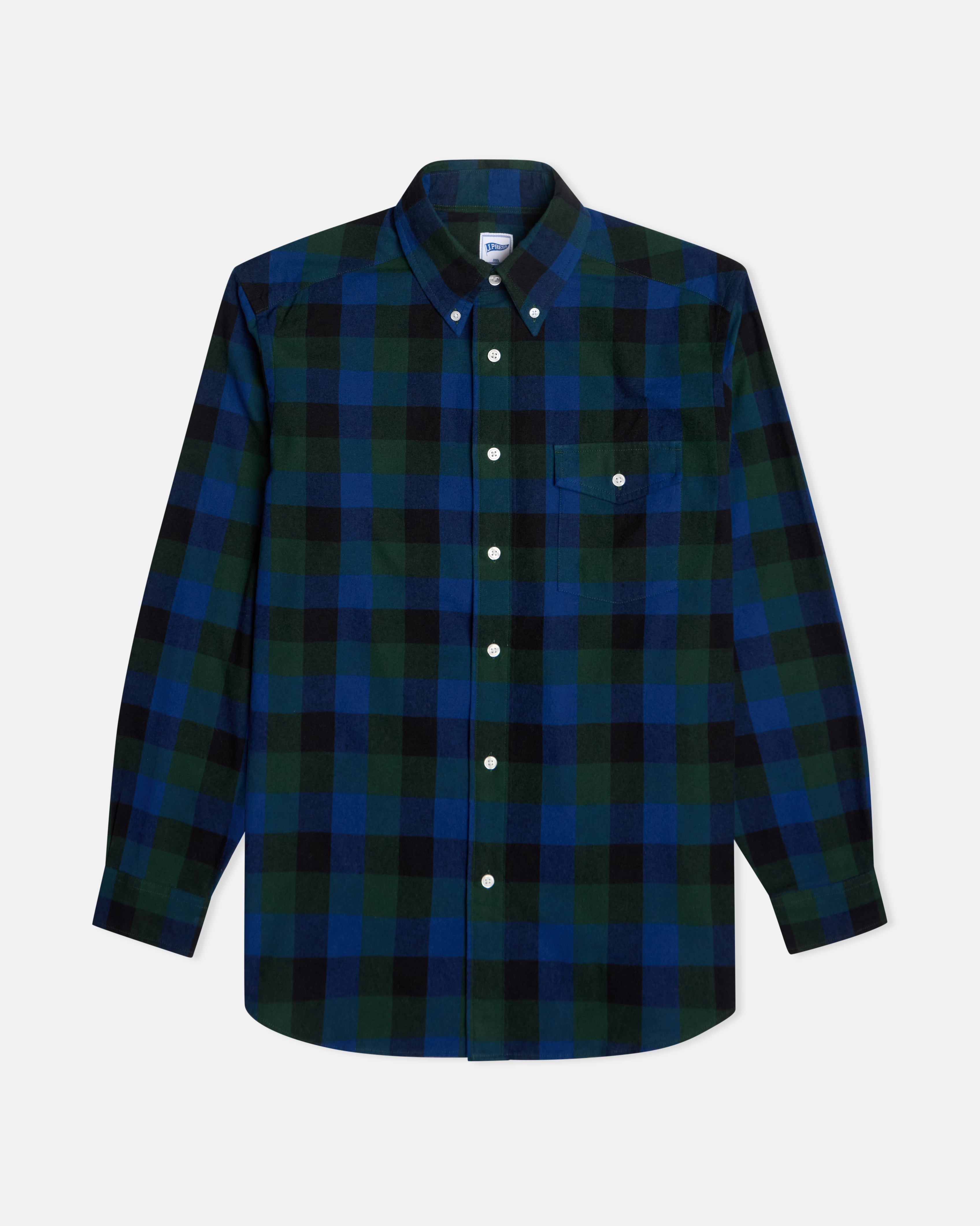 Green Plaid Cotton Flannel Sport Shirt - Trim Fit