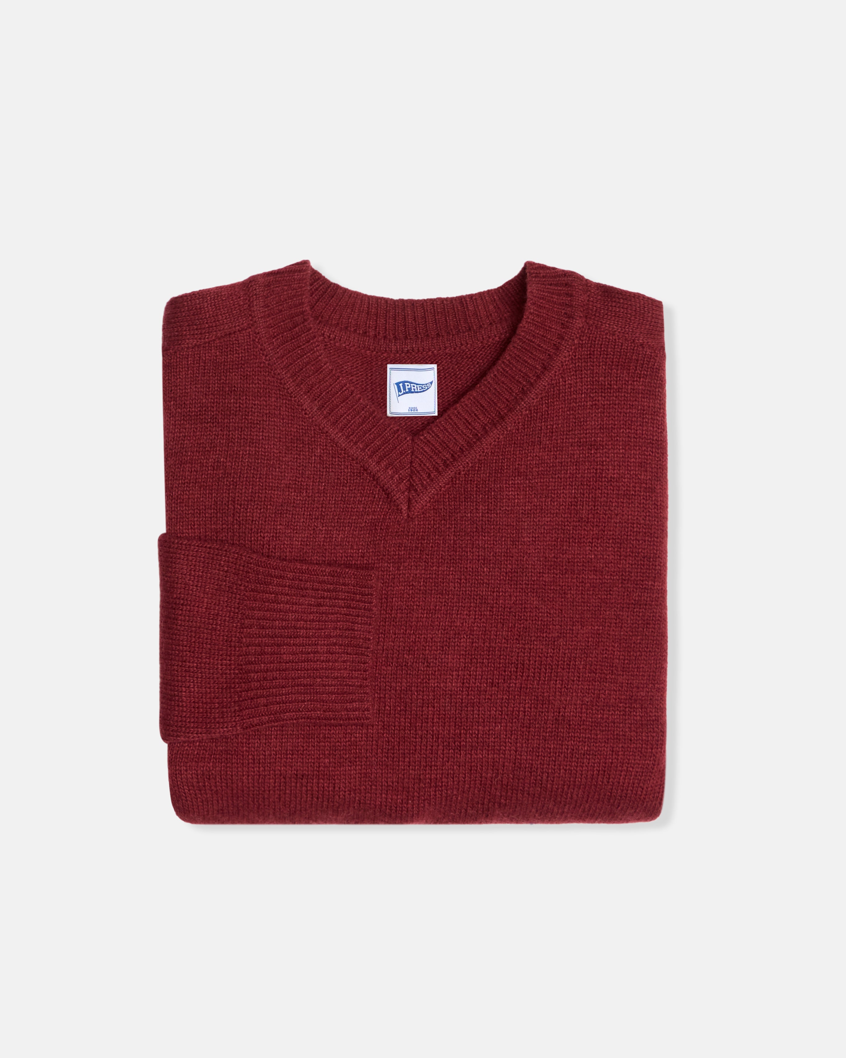 Burgundy Wool Sleeve Stripe V-Neck Sweater - Trim Fit