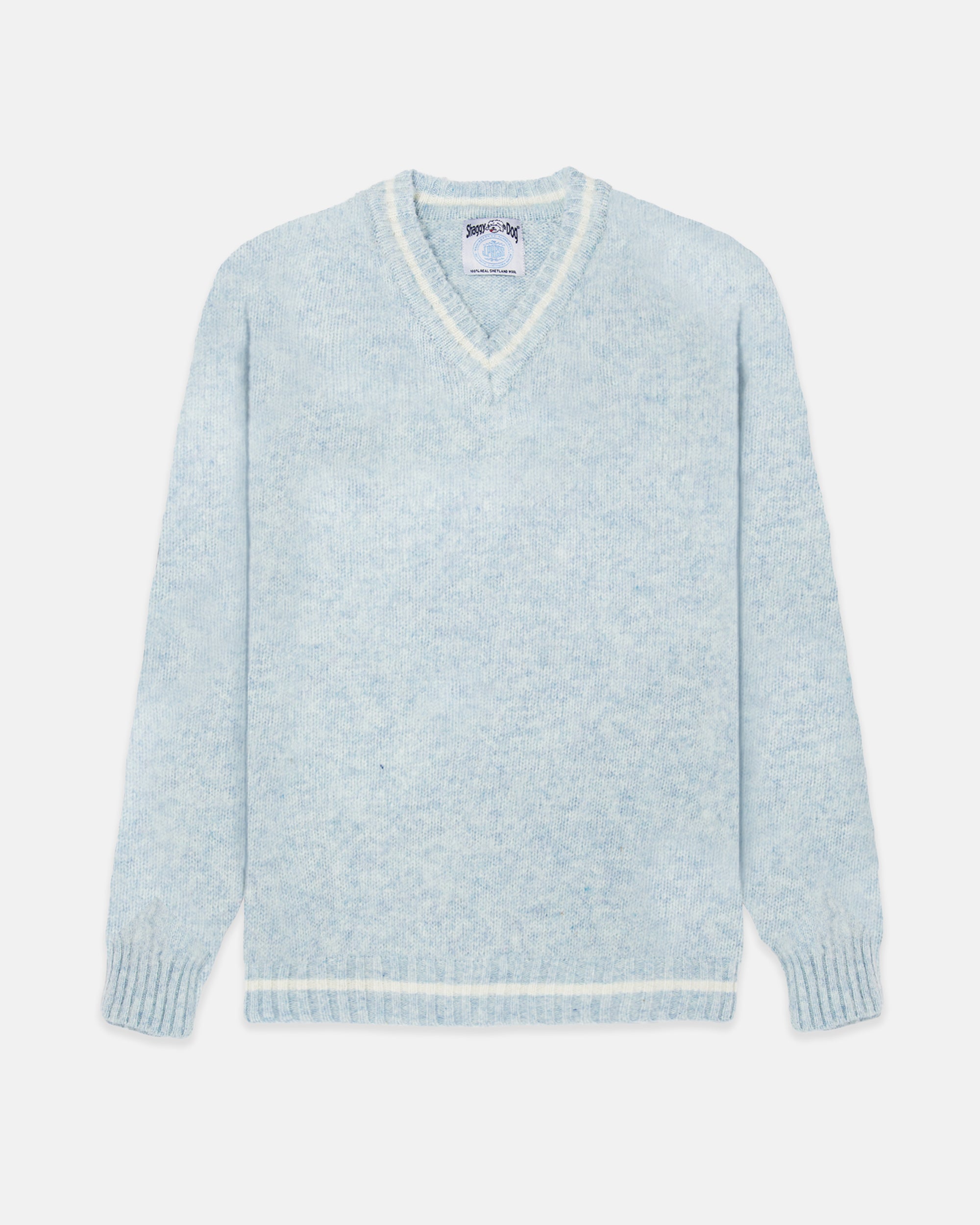 Made-in-Scotland Light Blue Shaggy Dog V-Neck Sweater - Trim Fit