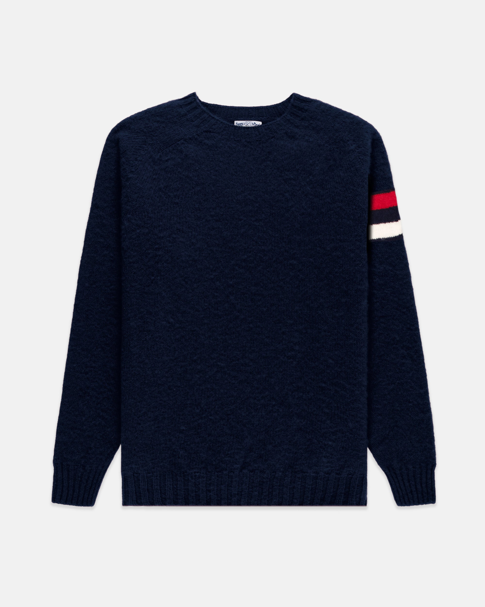 Made-in-Scotland Navy Sleeve Stripe Shaggy Dog Sweater - Trim Fit