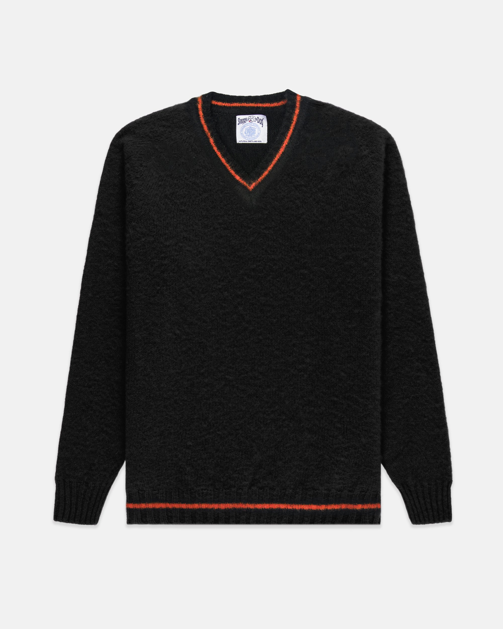 Made-in-Scotland Black Shaggy Dog V-Neck Sweater - Trim Fit