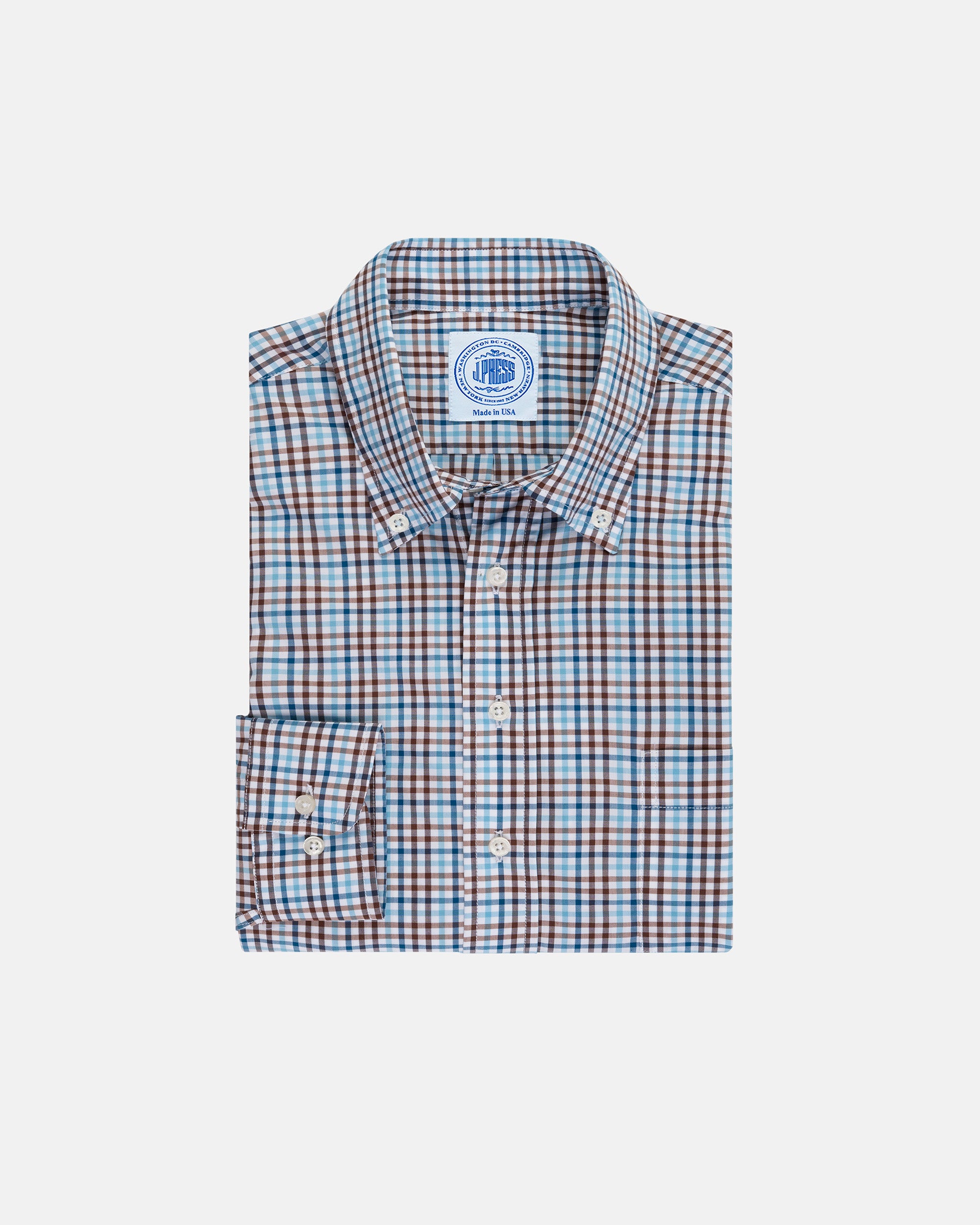 Brown & Blue Gingham Button Down Sport Shirt - Classic Fit