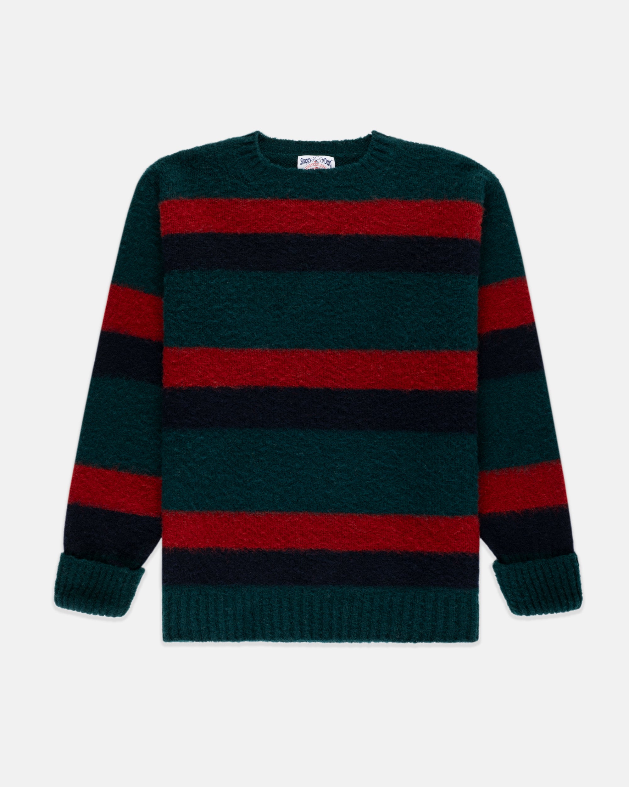 Made-in-Scotland Shaggy Dog Green, Navy & Red Regimental Stripe Sweater - Classic Fit
