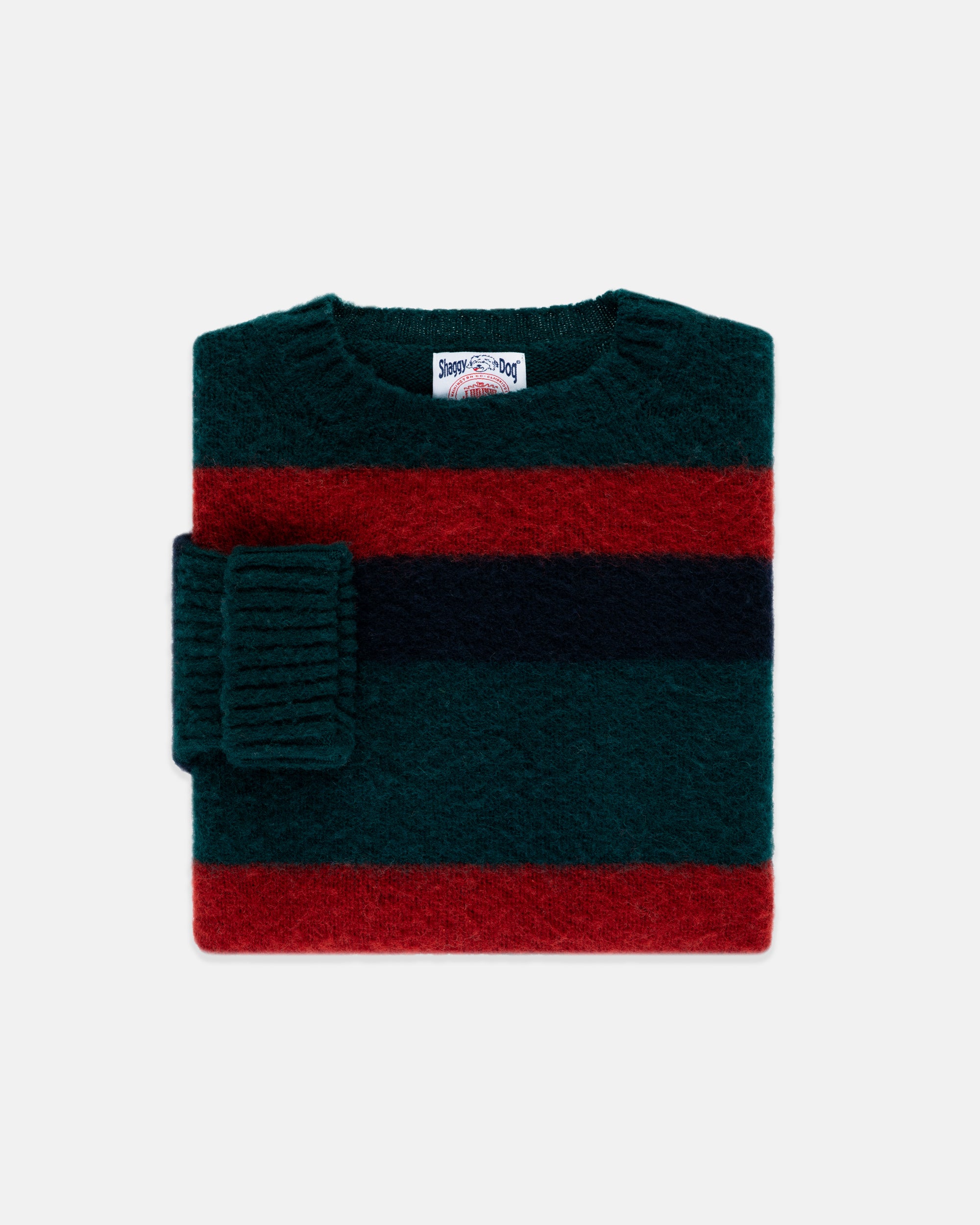 Made-in-Scotland Shaggy Dog Green, Navy & Red Regimental Stripe Sweater - Classic Fit