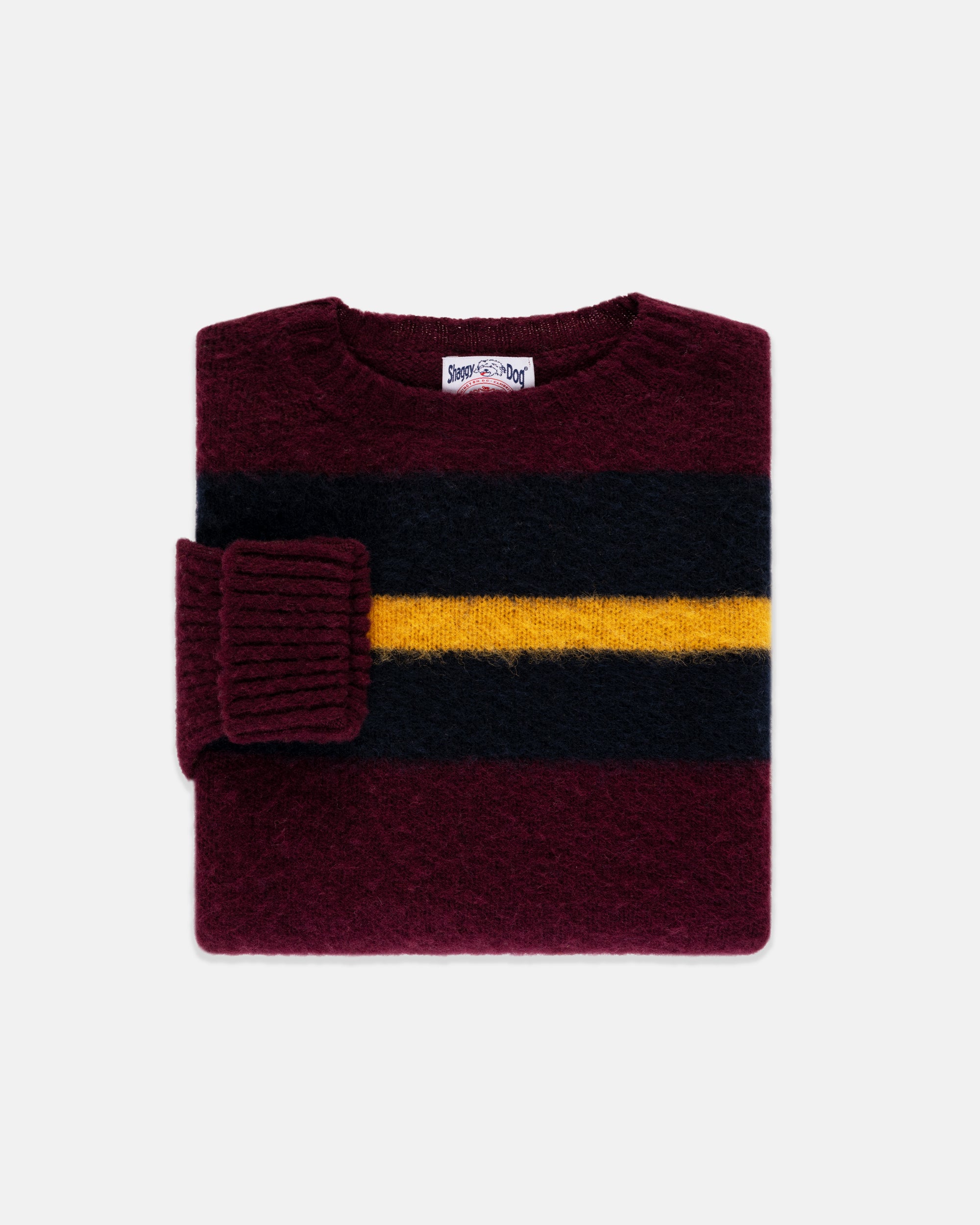 Made-in-Scotland Burgundy, Navy & Gold Shaggy Dog Frame Stripe Sweater - Classic Fit