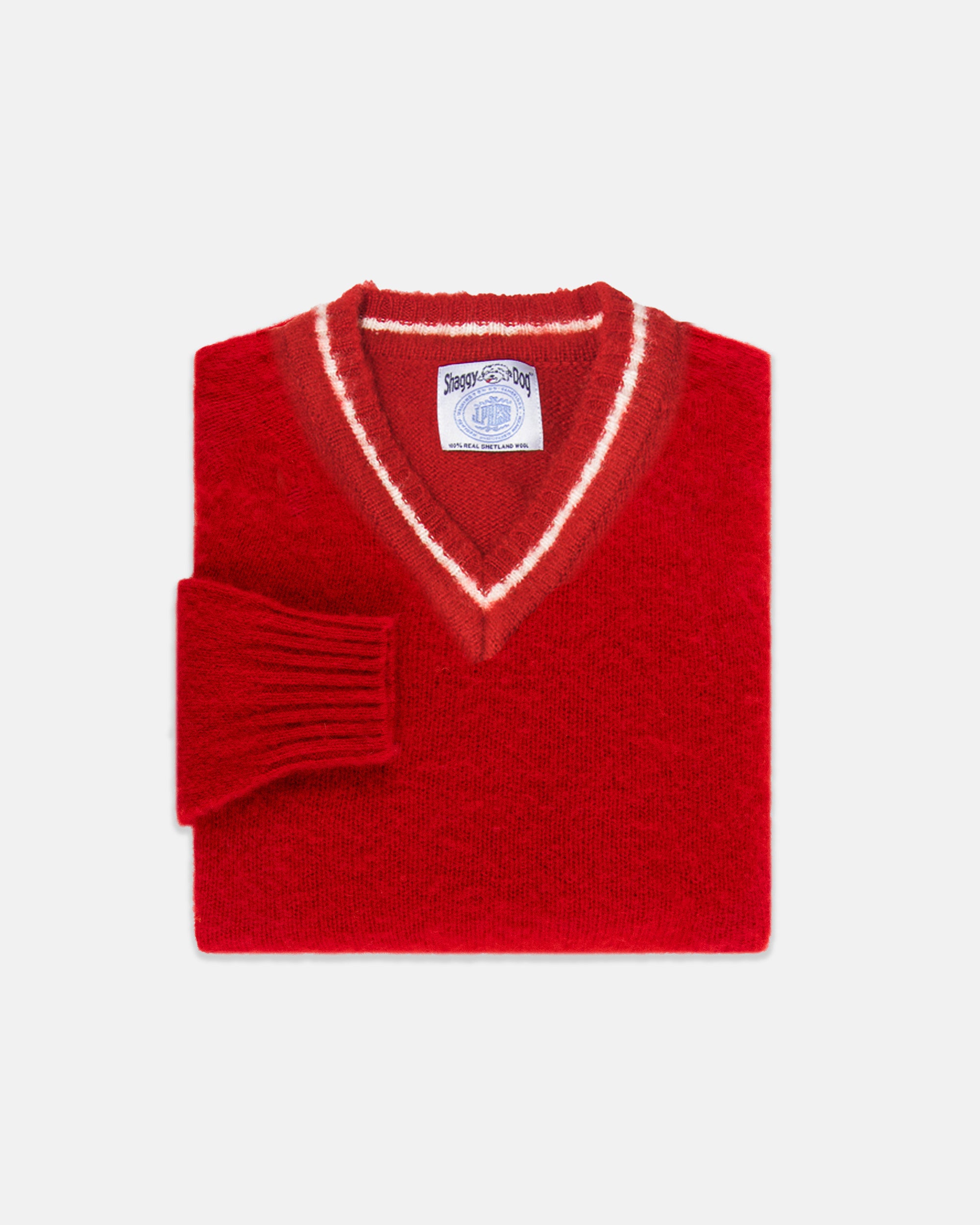 Made-in-Scotland Red Shaggy Dog V-Neck Sweater - Trim Fit