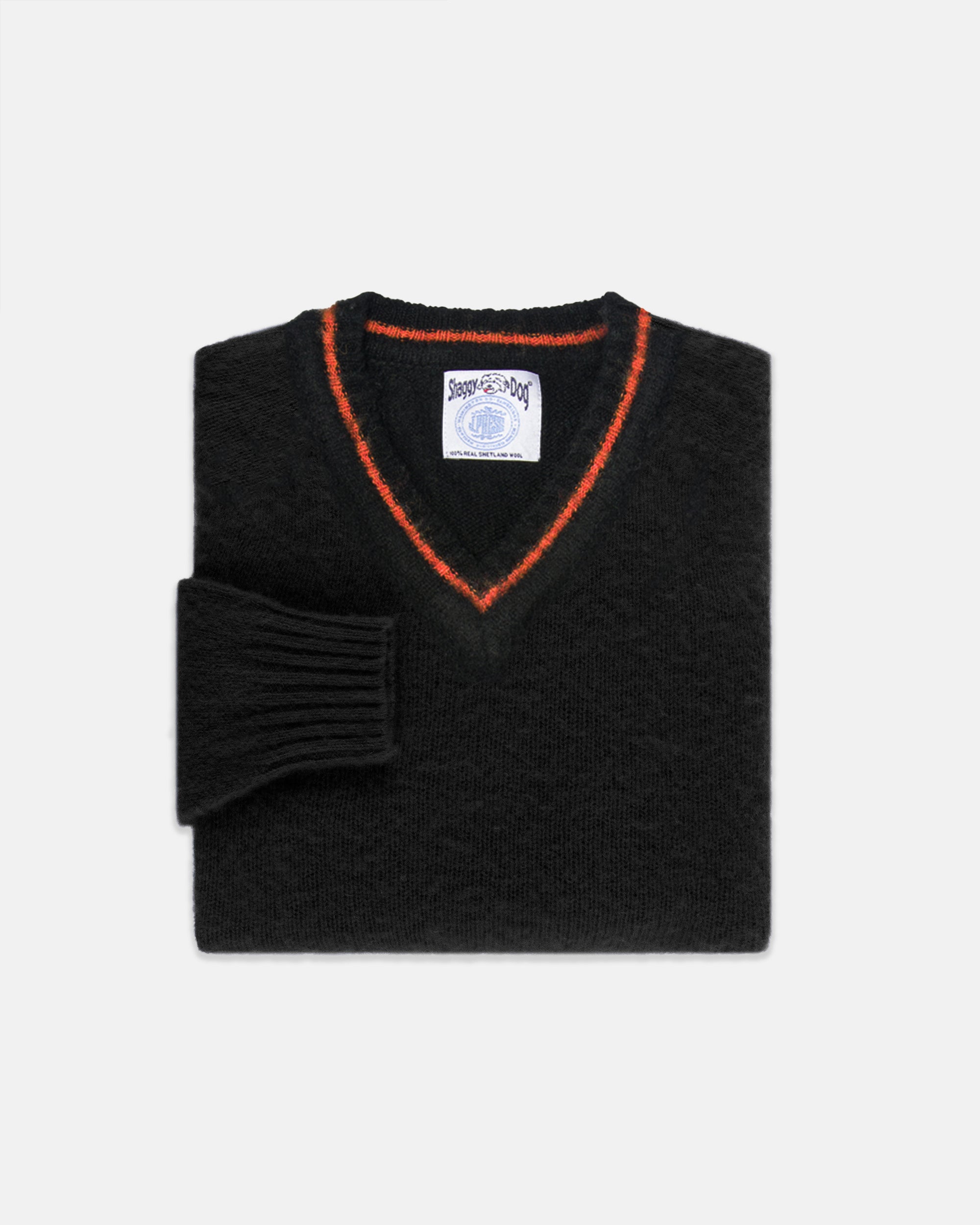 Made-in-Scotland Black Shaggy Dog V-Neck Sweater - Trim Fit