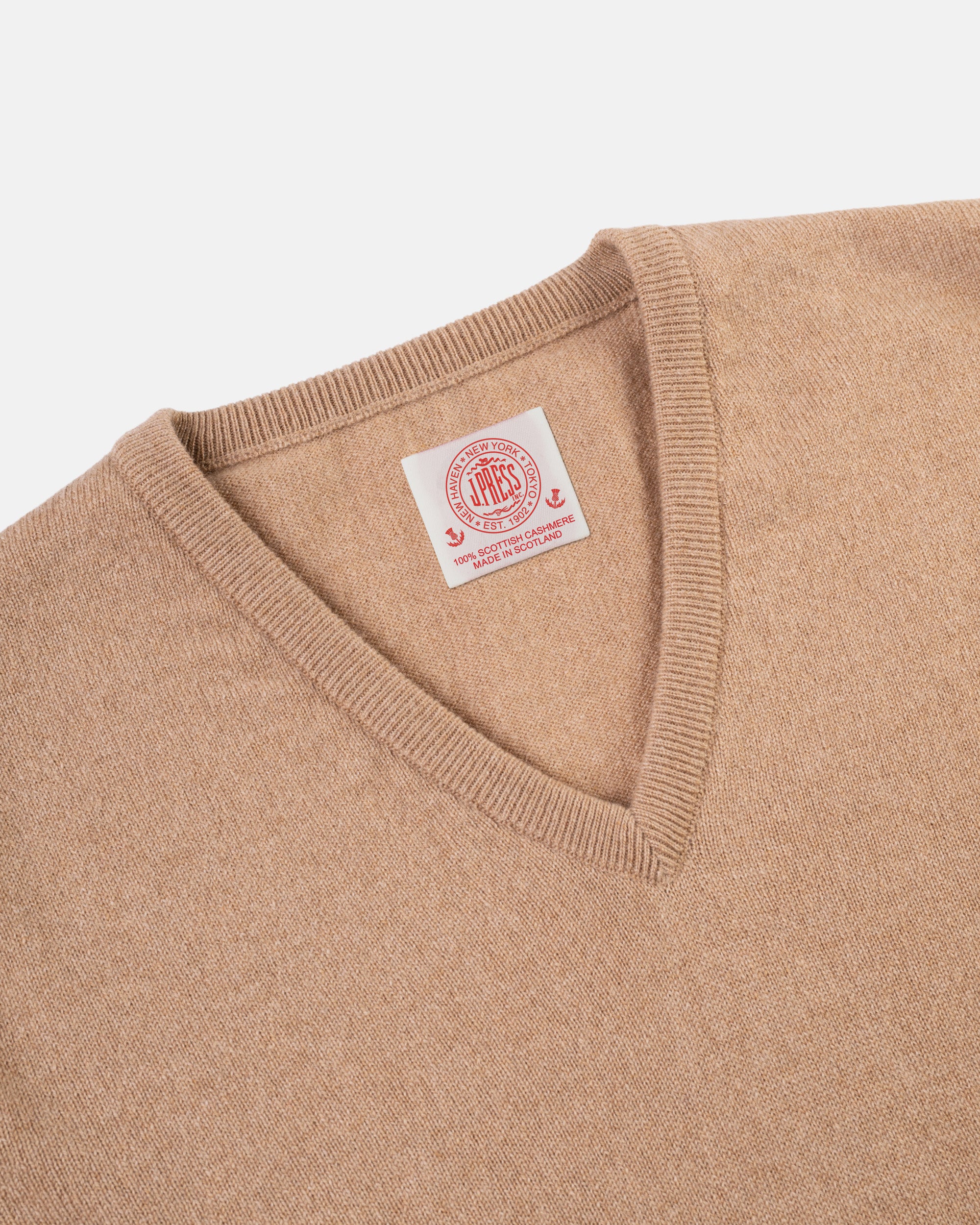 Made-in-Scotland Tan Cashmere V-neck Sweater