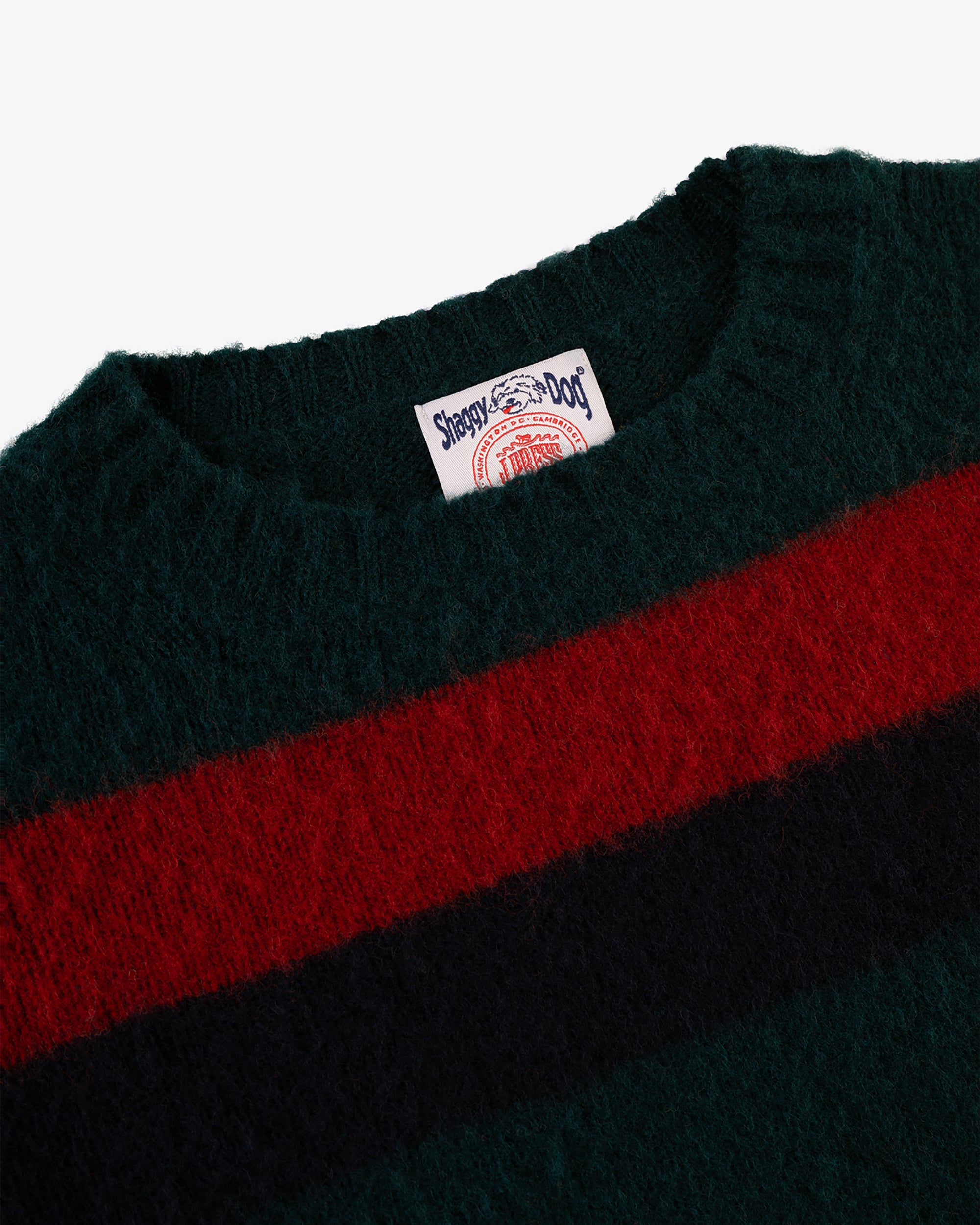 Made-in-Scotland Shaggy Dog Green, Navy & Red Regimental Stripe Sweater - Classic Fit