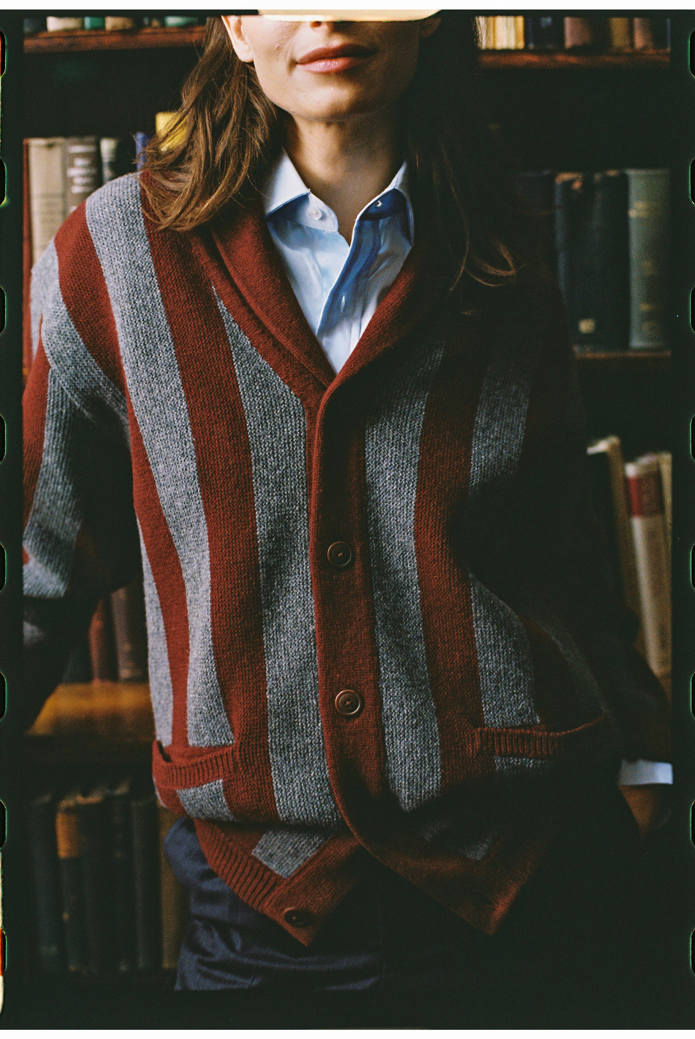 Burgundy & Grey Striped Varsity-Style Cotton Cardigan - Trim Fit