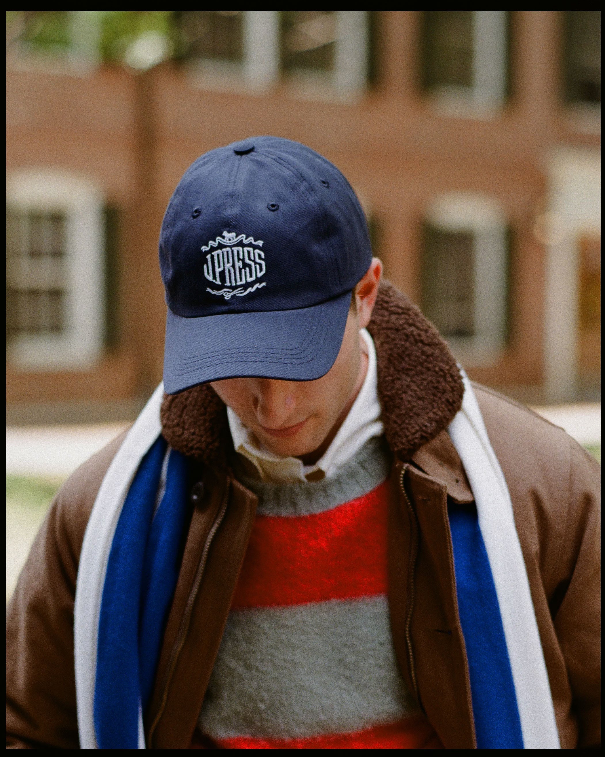 Made-in-USA Navy J. Press Embroidered Logo Dad Hat