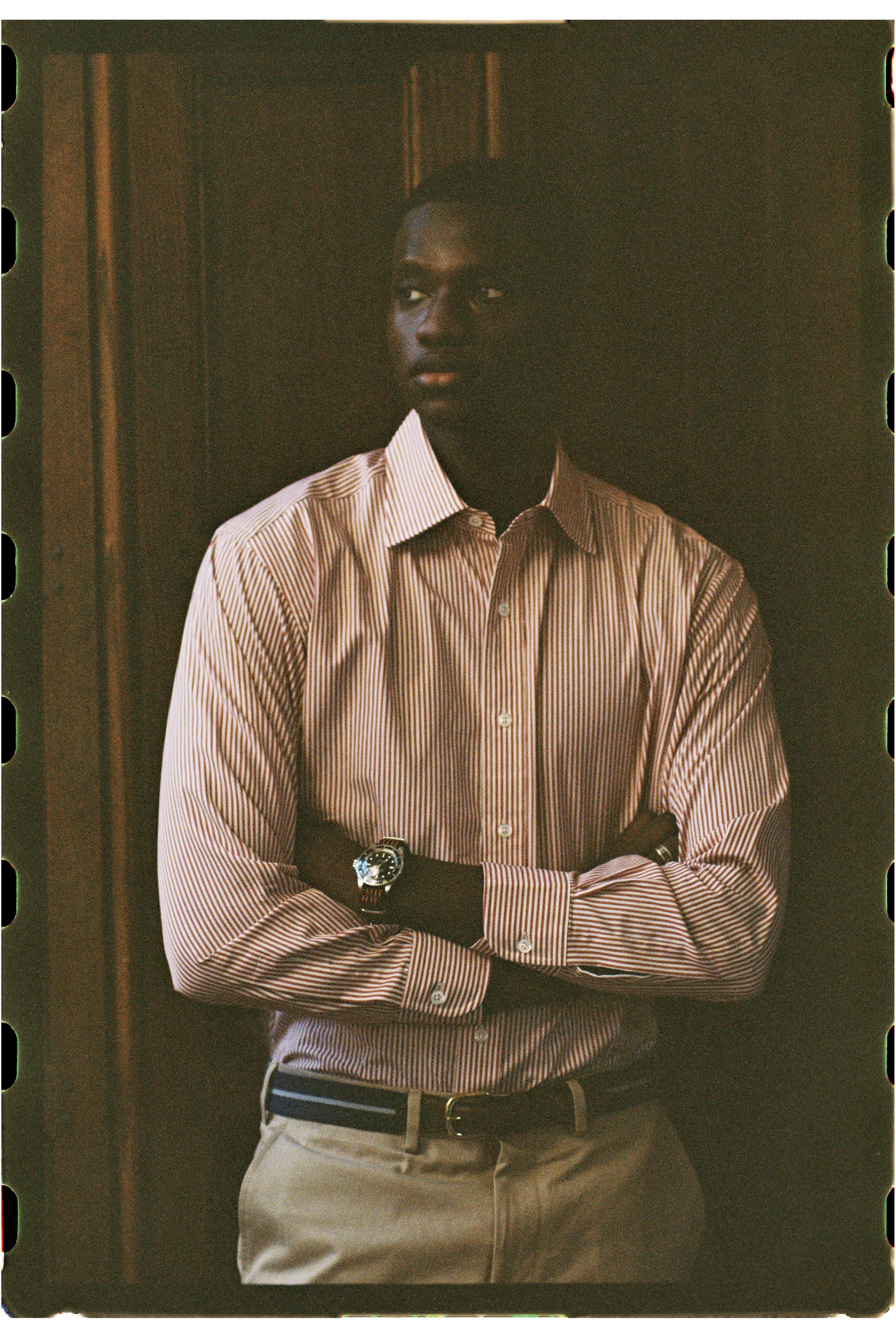 Made-in-USA Thomas Mason Red Bengal Stripe Spread Collar Dress Shirt - Classic Fit