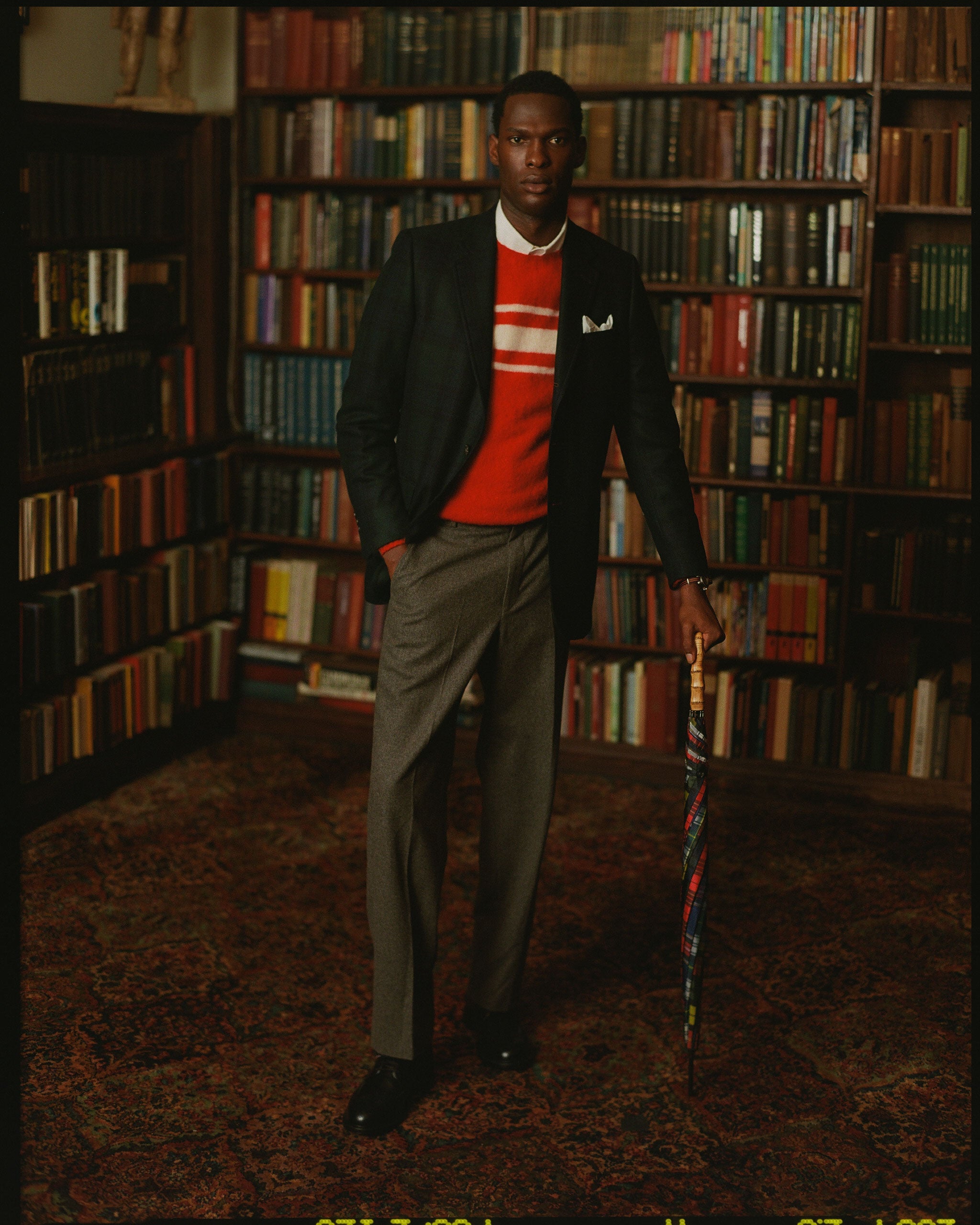 Made-in-Scotland Red Chest Stripe Shaggy Dog Sweater - Trim Fit