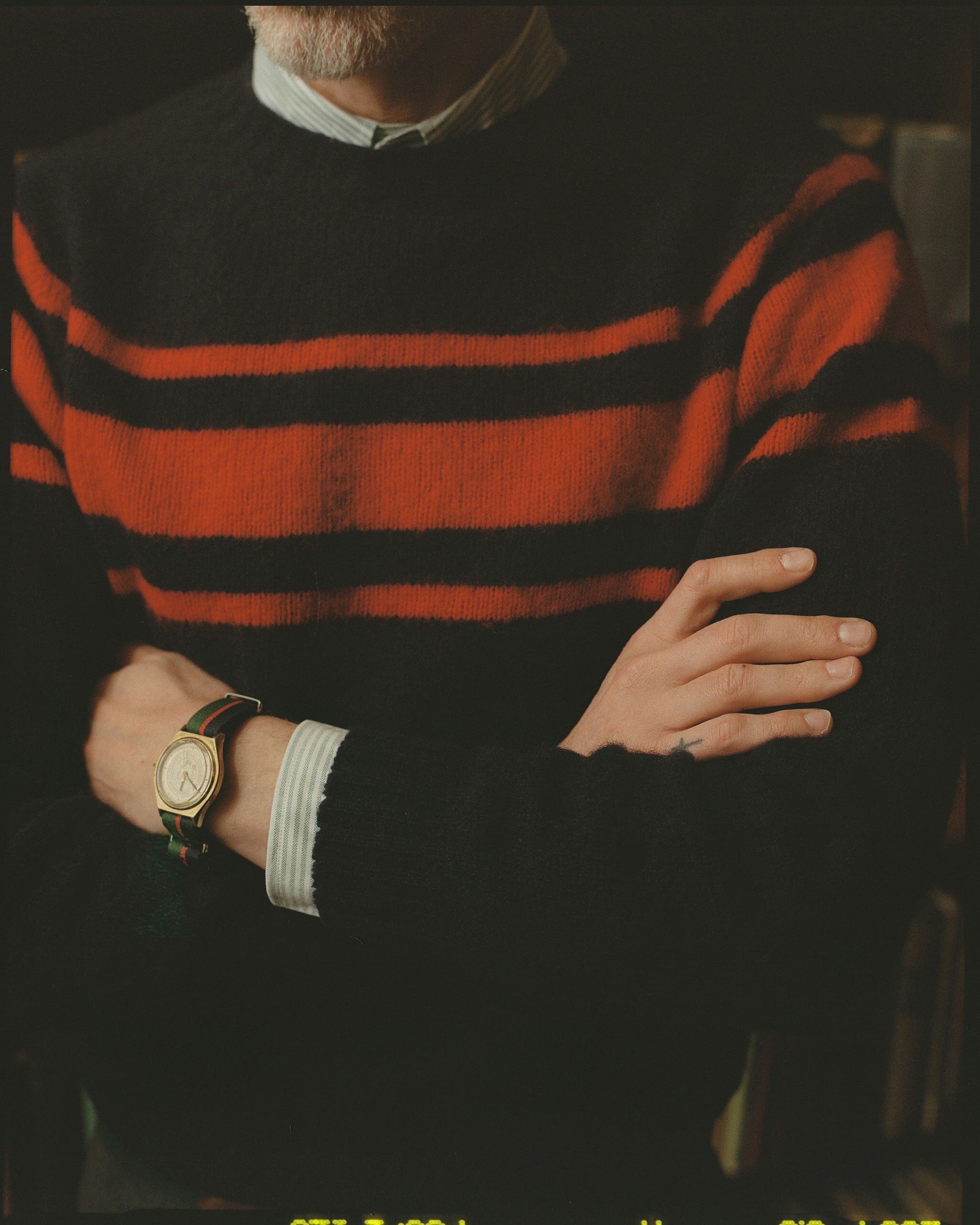 Made-in-Scotland Navy Chest Stripe Shaggy Dog Sweater - Trim Fit