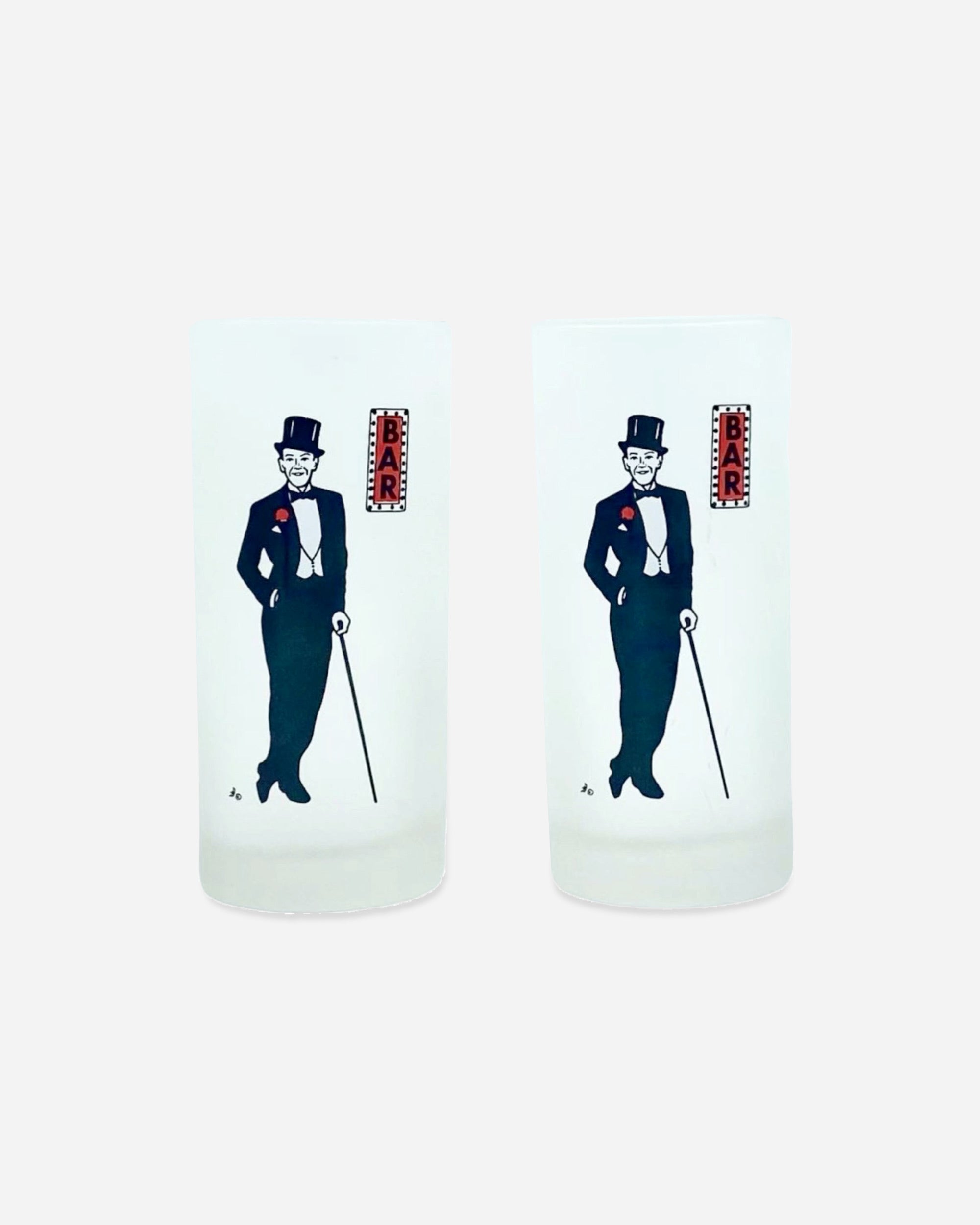 Vintage Cocktail Set Shaker & Pair Glasses with Gentleman in Top Hat & Tails