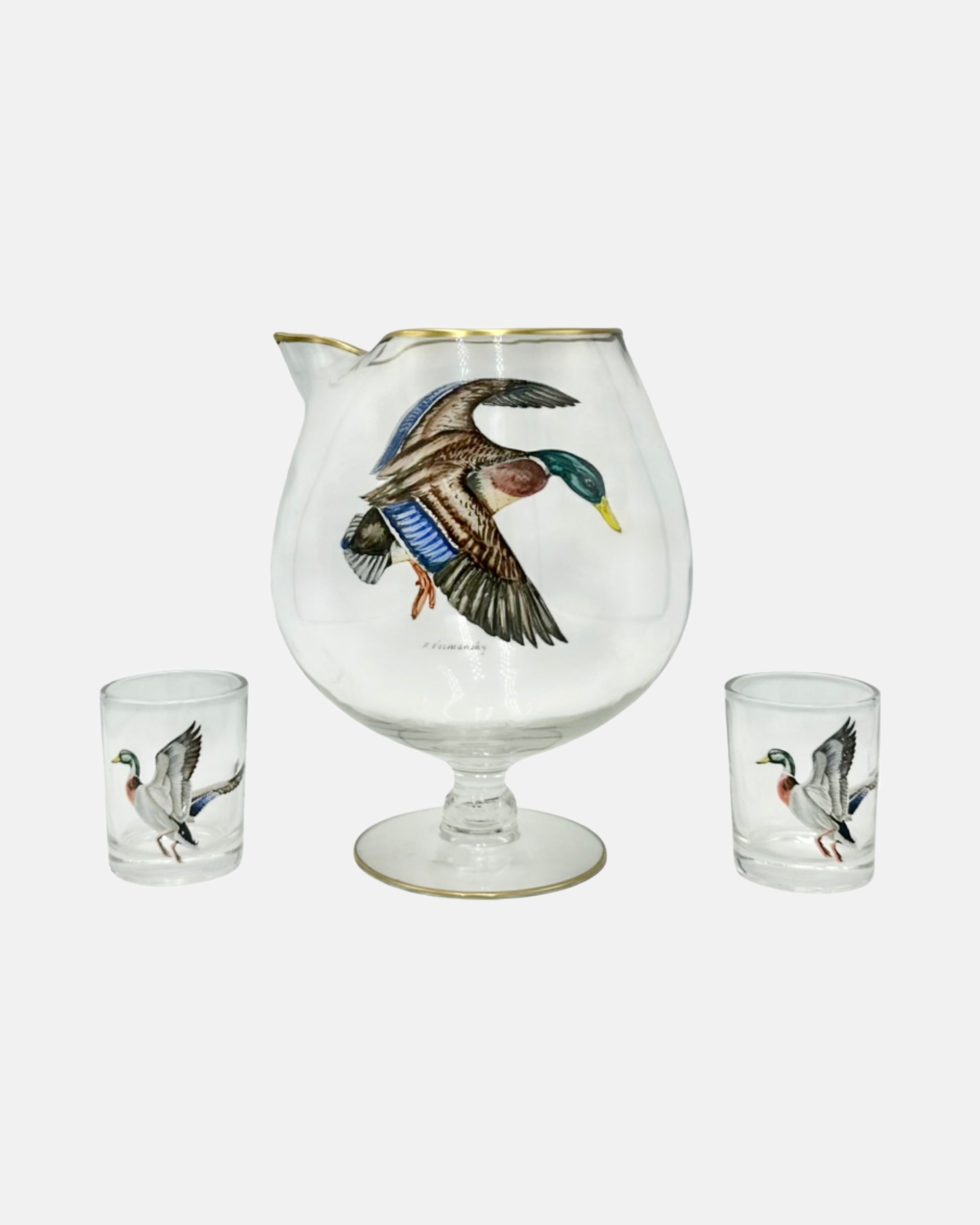 Vintage Set 3 Frank Vosmansky Duck Cocktail Pitcher & Shot Glasses