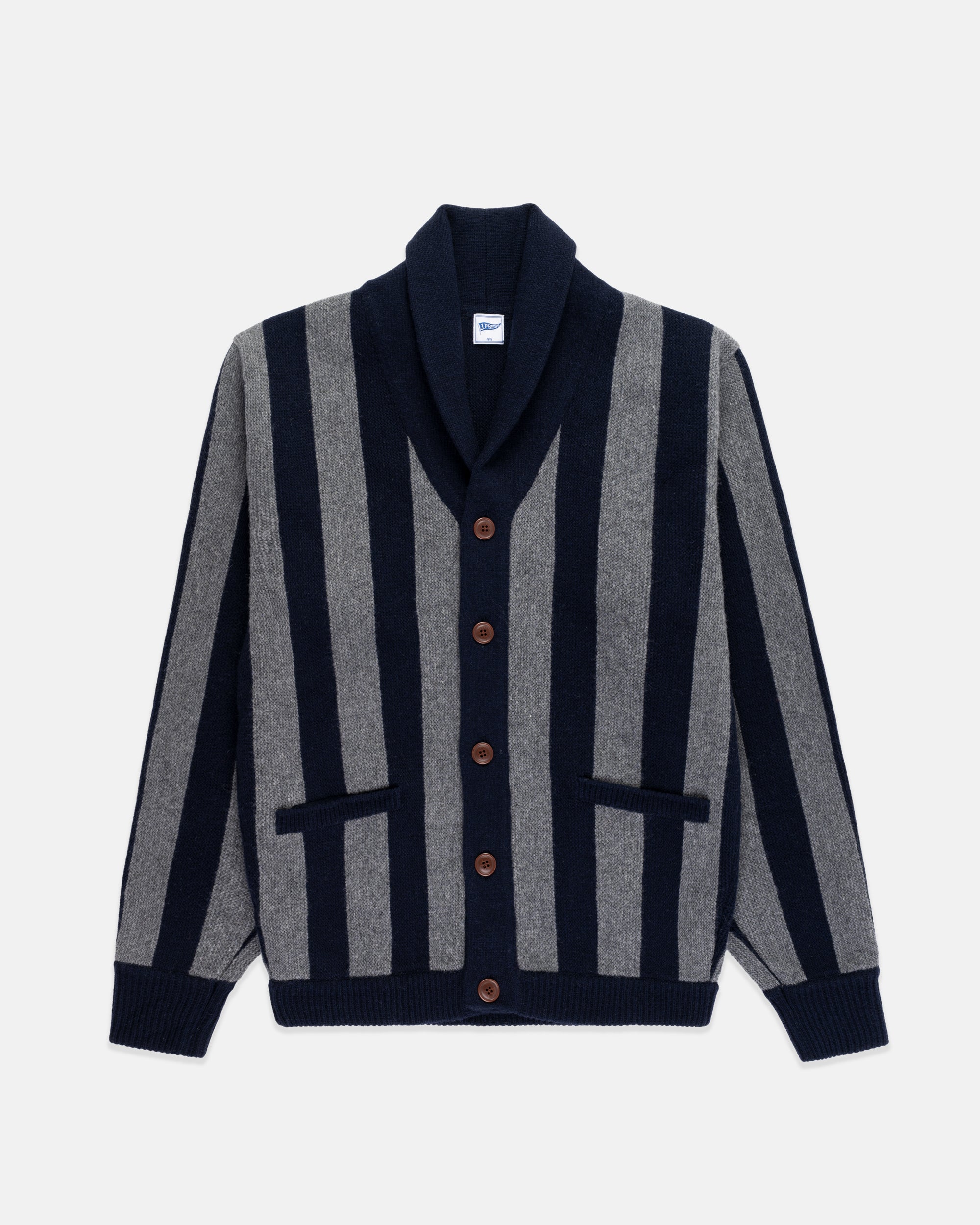 Navy & Grey Striped Varsity-Style Cotton Cardigan - Trim Fit