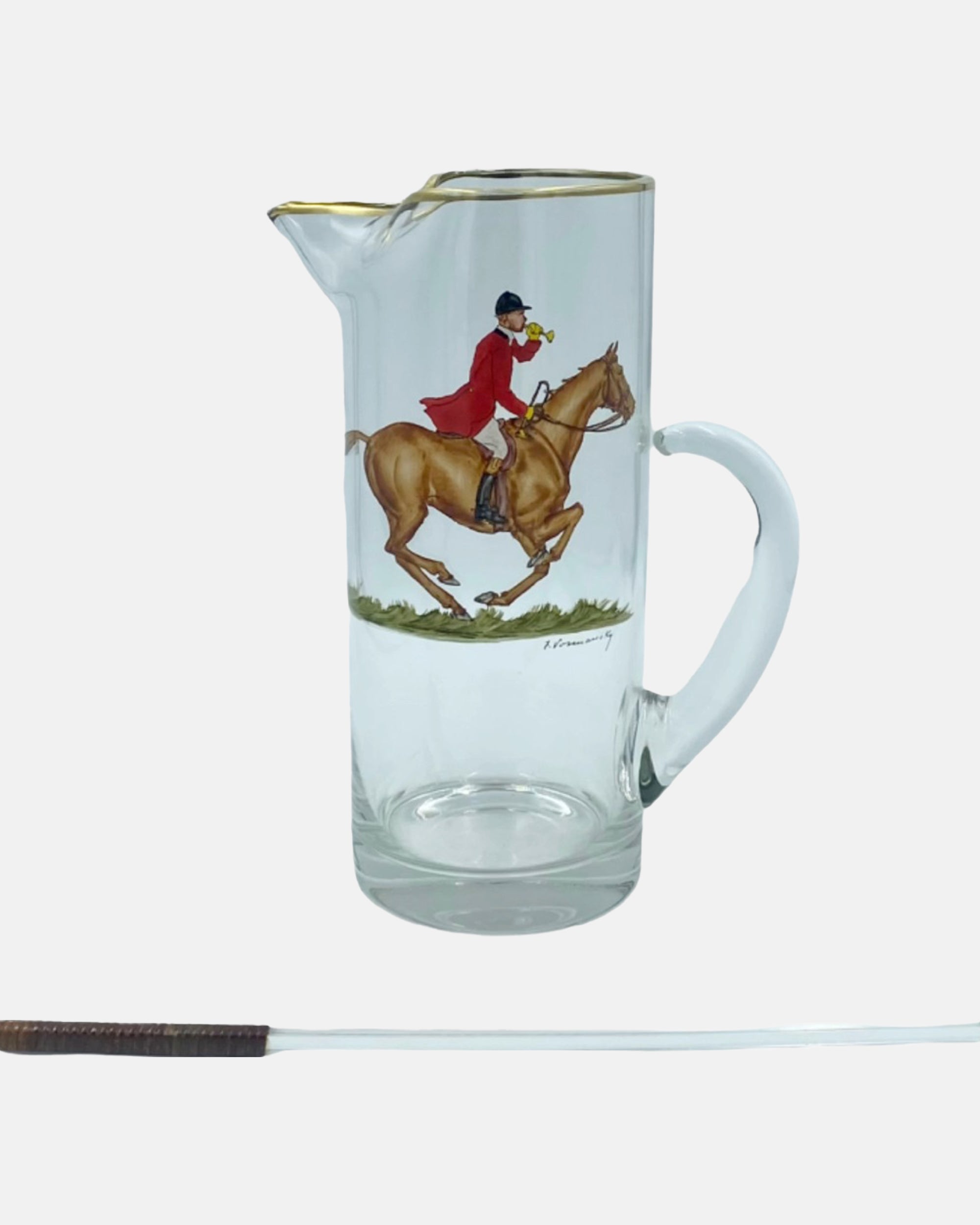 Vintage Frank Vosmansky Equestrian Glass Pitcher with Stirrer