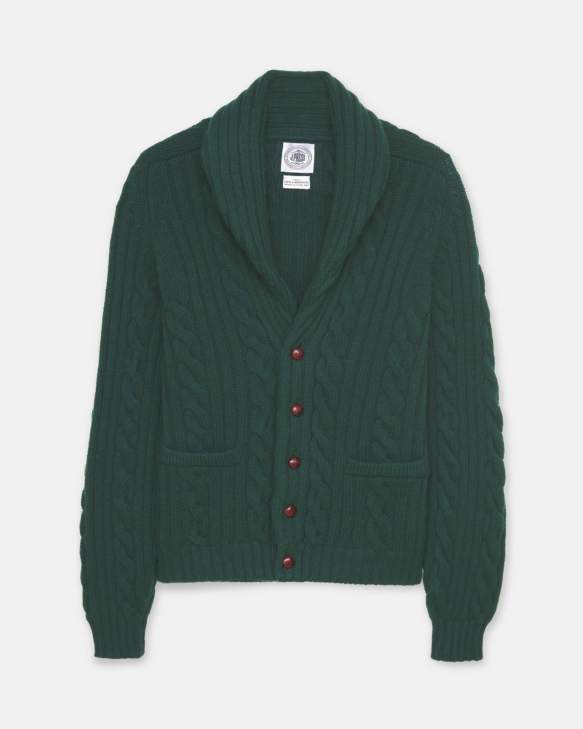 Made-in-Scotland Green Shawl Collar Cable Knit Cardigan