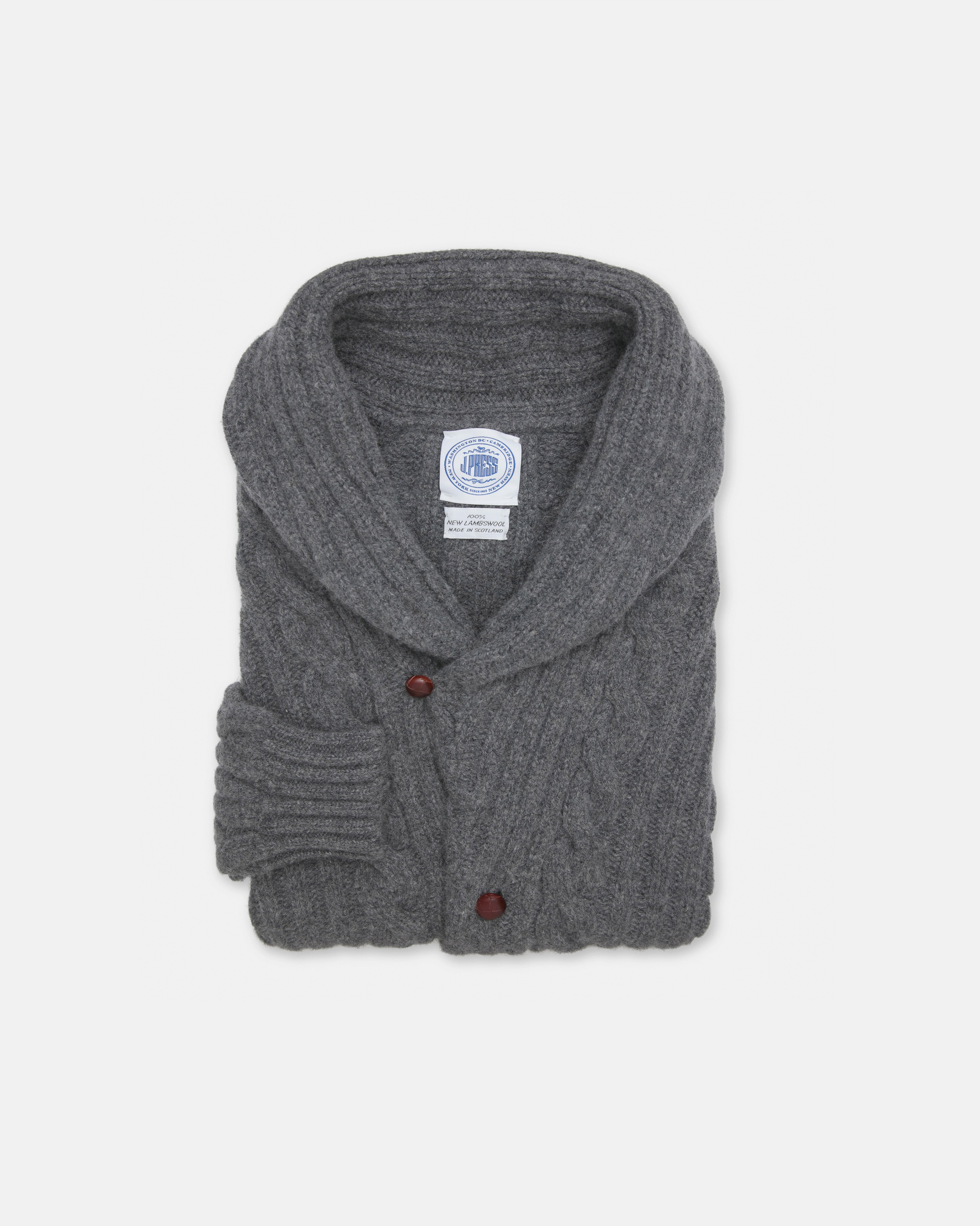 Made-in-Scotland Grey Shawl Collar Cable Knit Cardigan