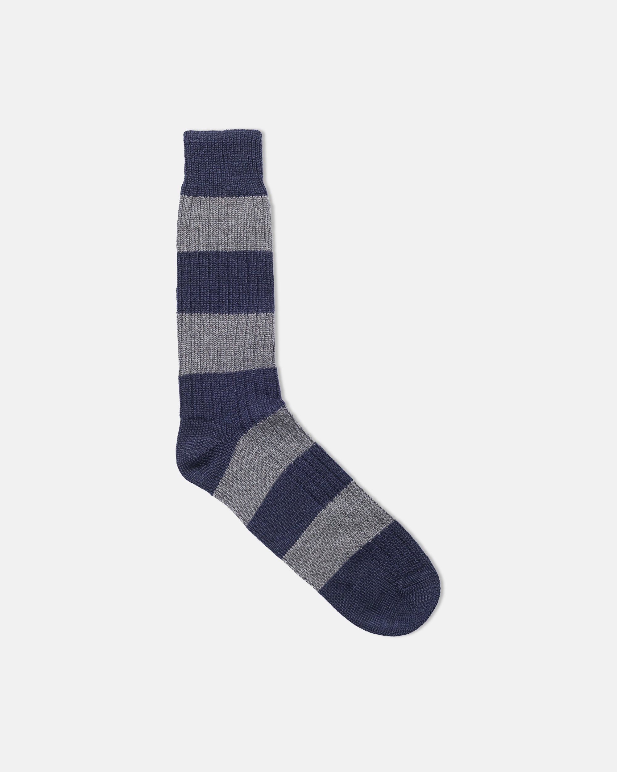 Made-in-England Navy & Grey Block Stripe Wool Socks
