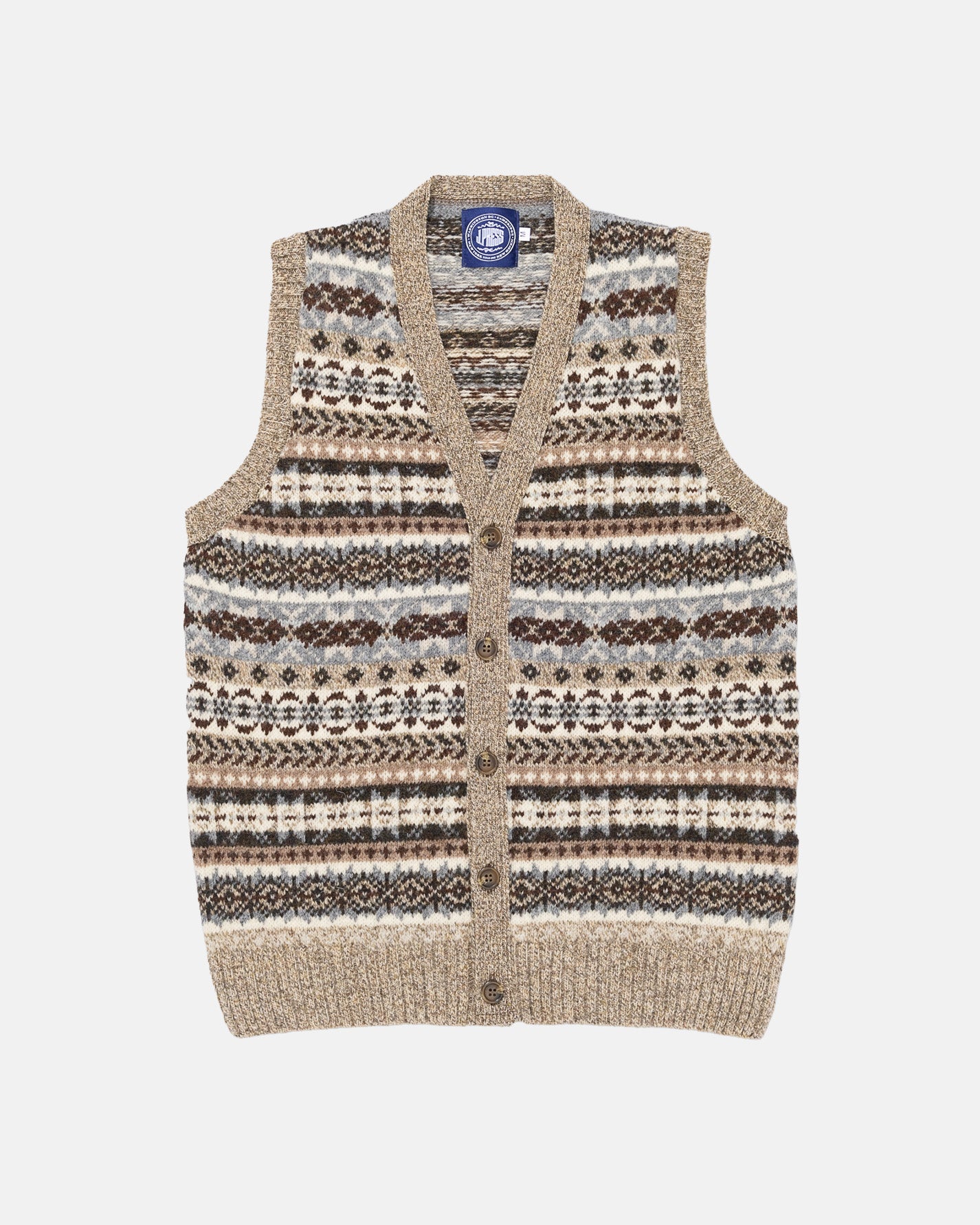 Made-in-Scotland Tan Fair Isle Cardigan Vest