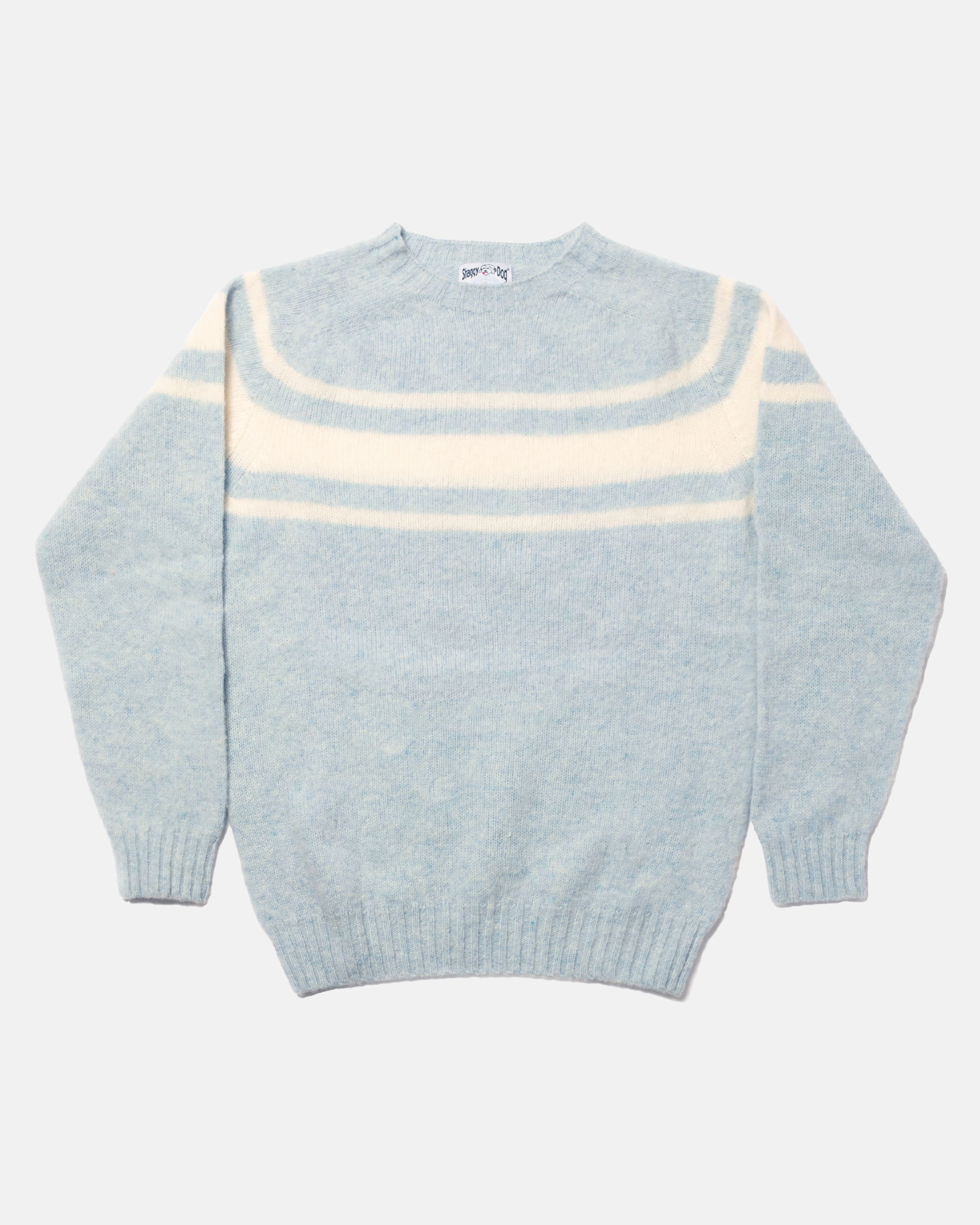 Made-in-Scotland Light Blue Chest Stripe Shaggy Dog Sweater - Trim Fit