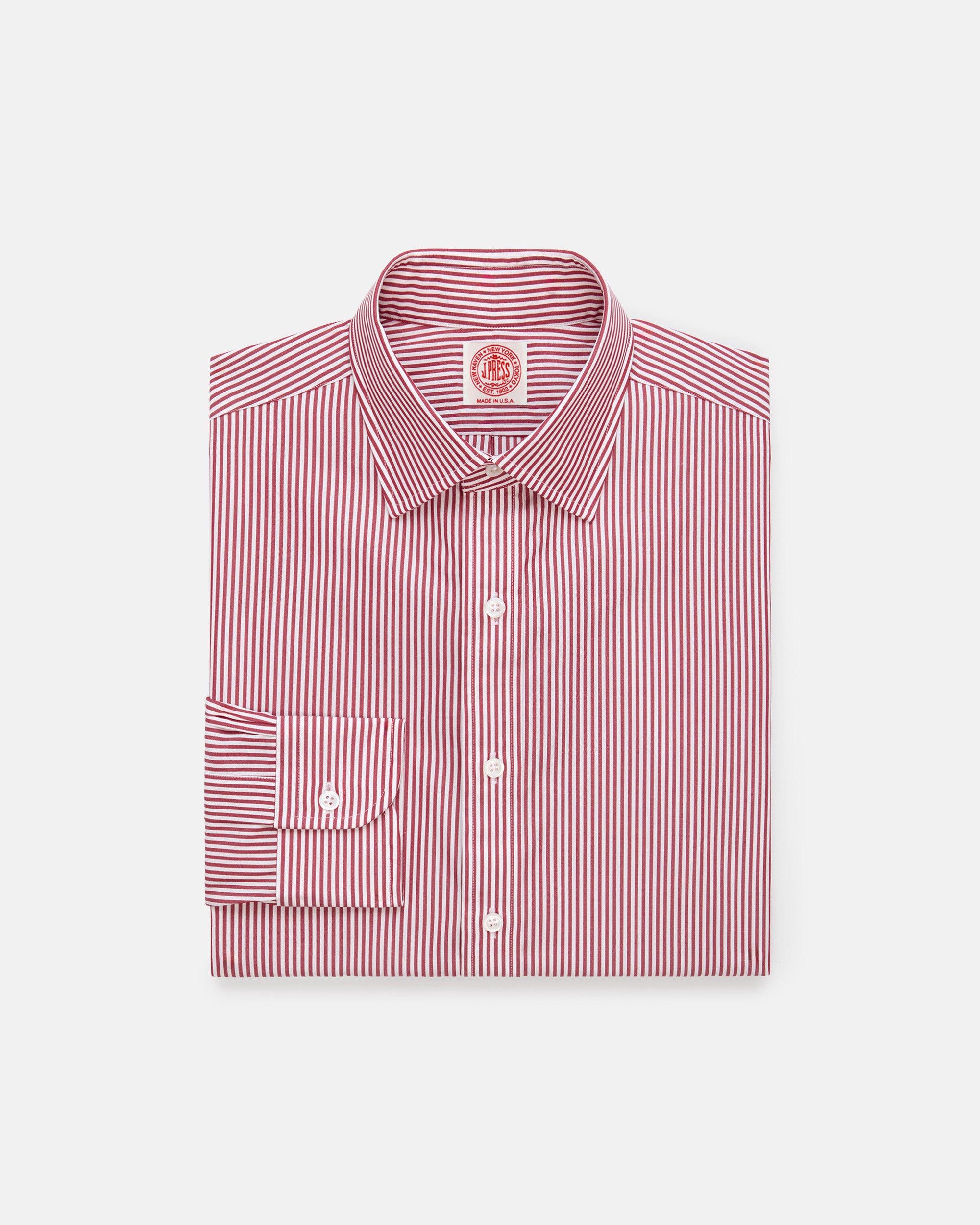Made-in-USA Thomas Mason Red Bengal Stripe Spread Collar Dress Shirt - Classic Fit