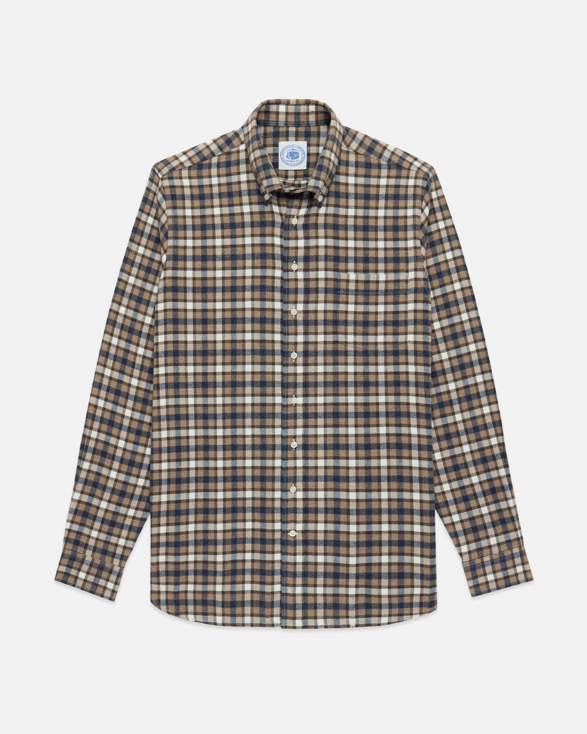 Brown & Navy Plaid Cotton Flannel Button Down Sport Shirt - Classic Fit