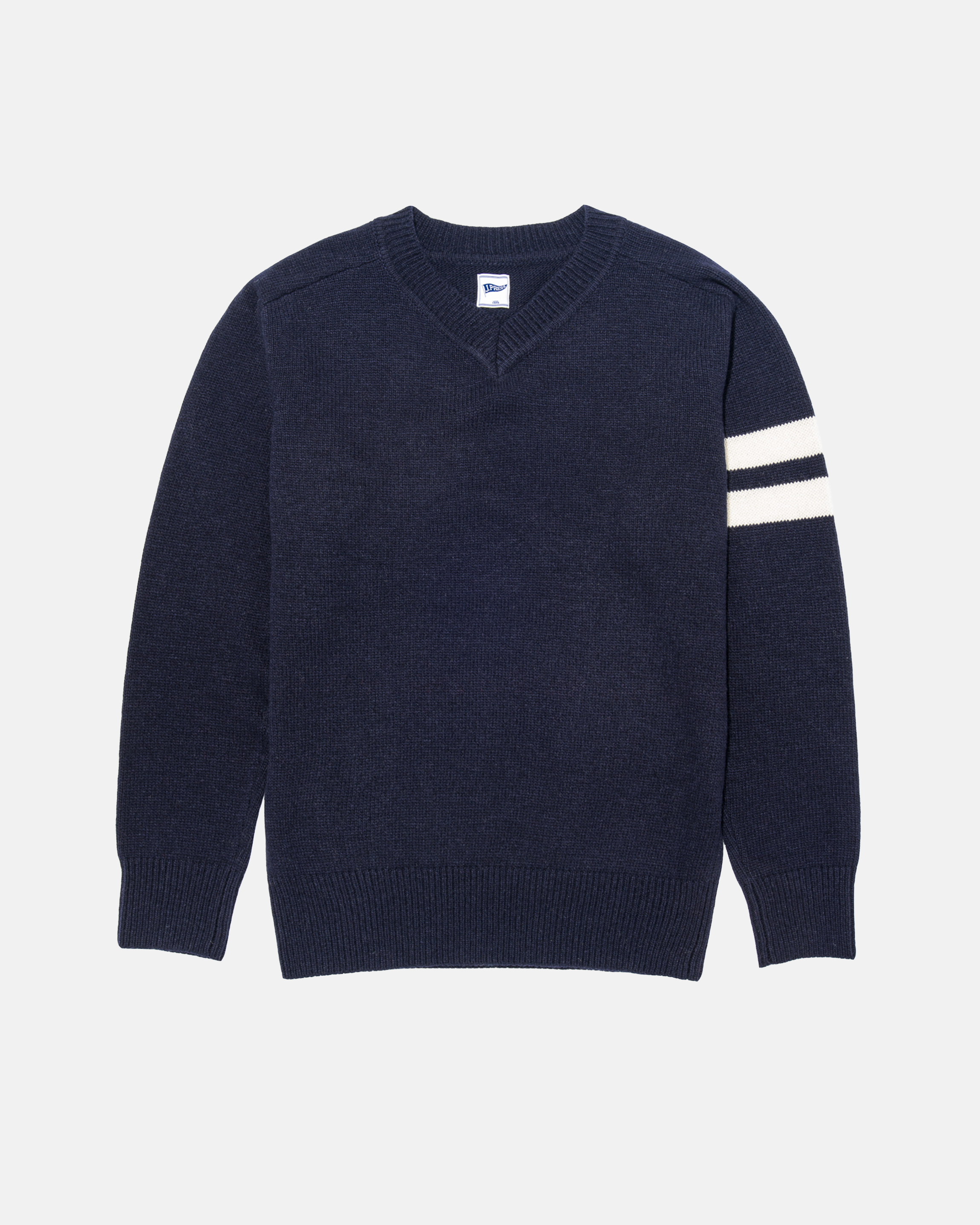 Navy Wool Sleeve Stripe V-Neck Sweater - Trim Fit