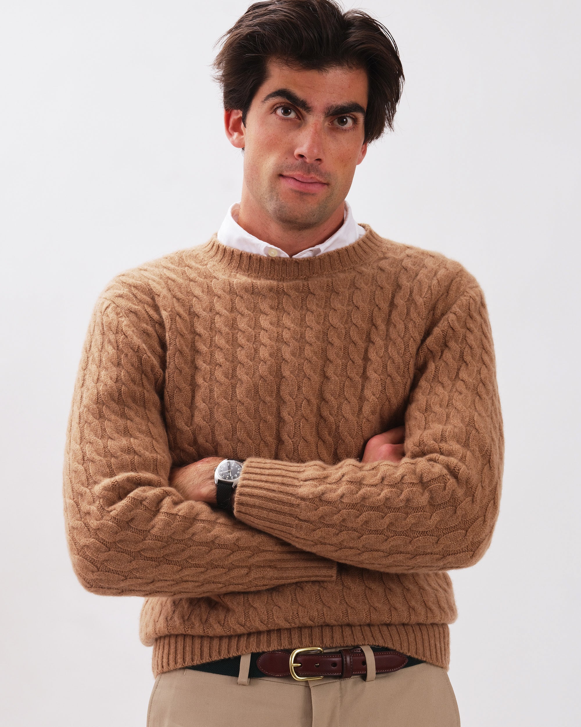 Made-in-Scotland Fawn Cable Knit Cashmere Sweater