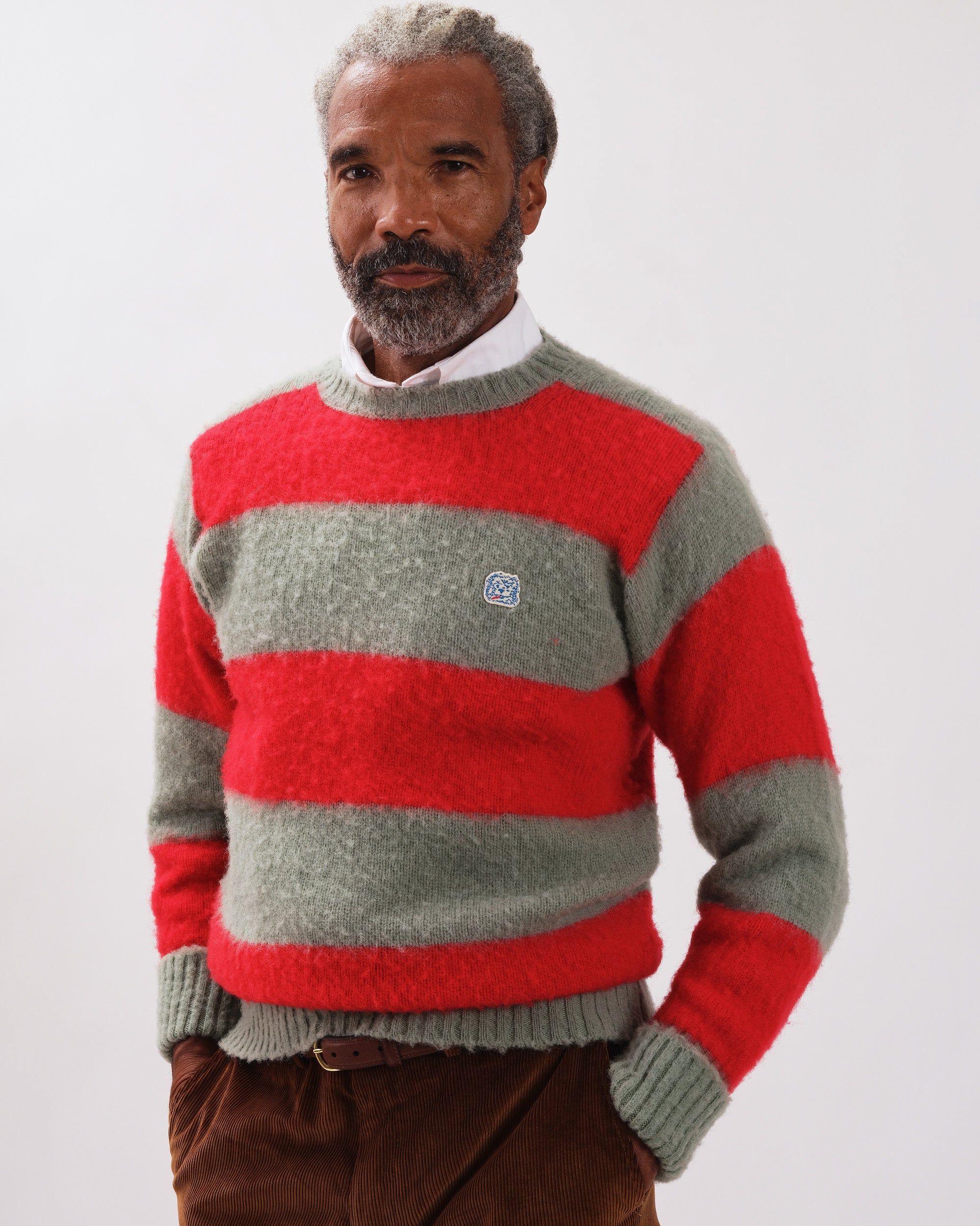 Made-in-Scotland Seafoam Green & Red Stripe Shaggy Dog Icon Sweater - Classic Fit