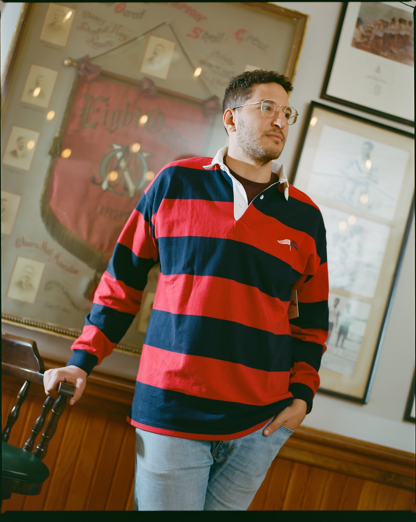 J.PRESS x BOATHOUSE LONG SLEEVE RUGBY SHIRT - NAVY/RED