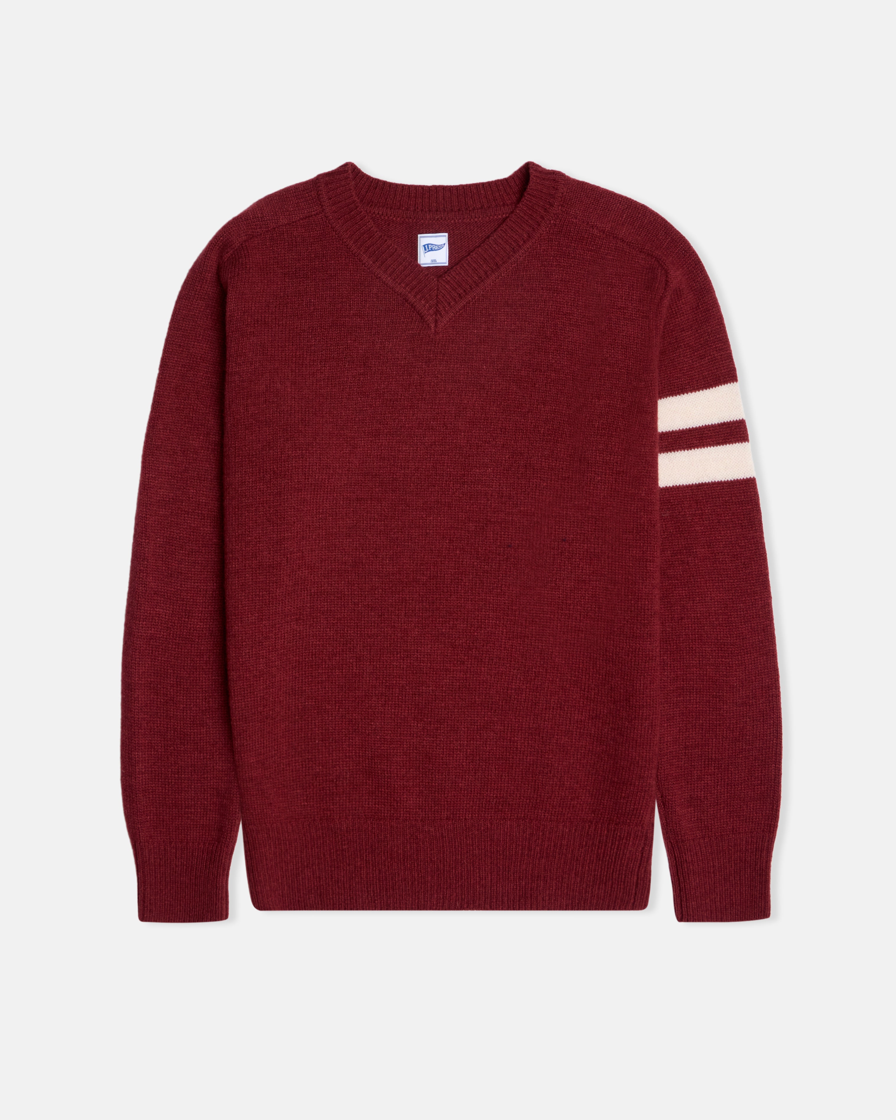 Burgundy Wool Sleeve Stripe V-Neck Sweater - Trim Fit