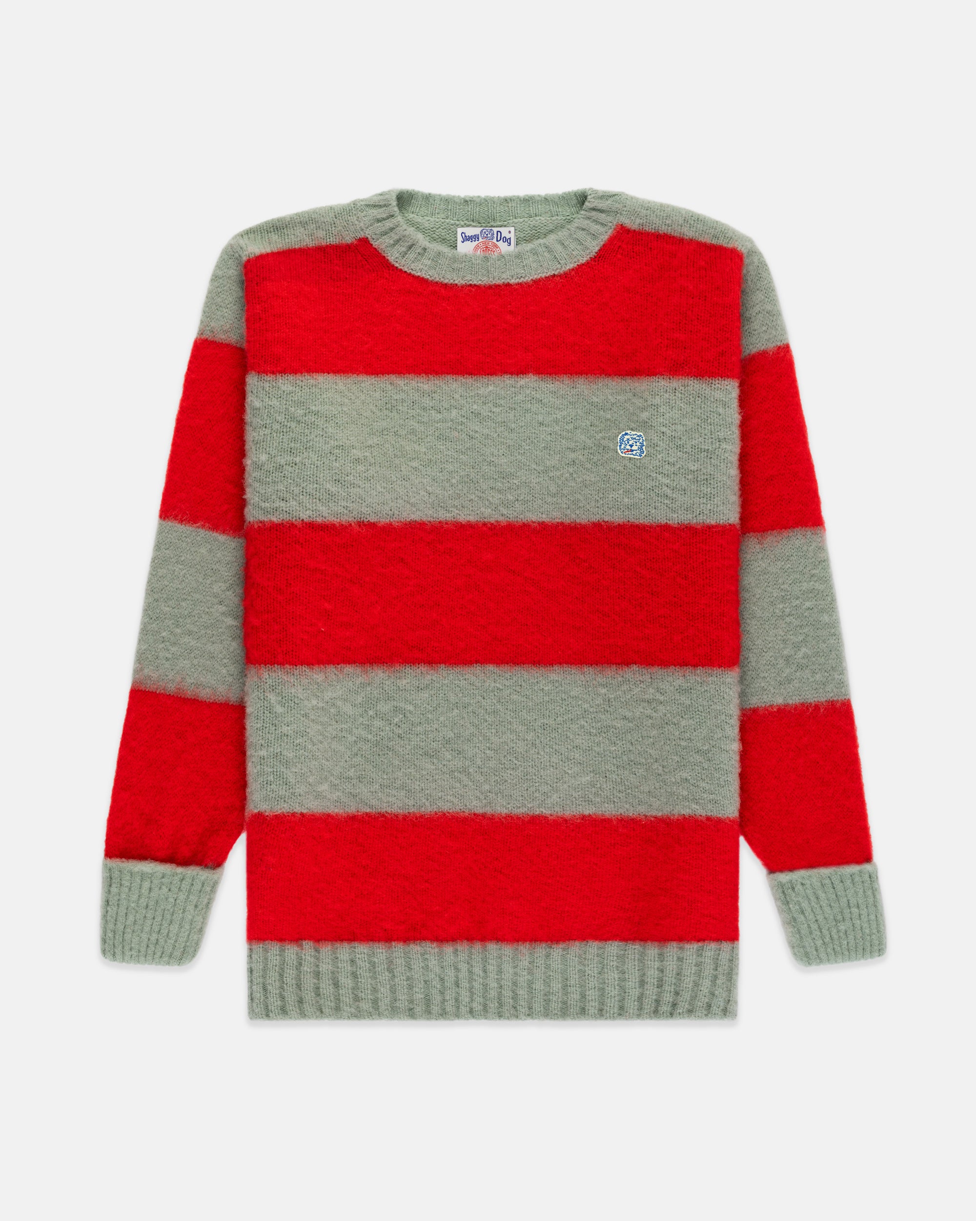 Made-in-Scotland Seafoam Green & Red Stripe Shaggy Dog Icon Sweater - Classic Fit