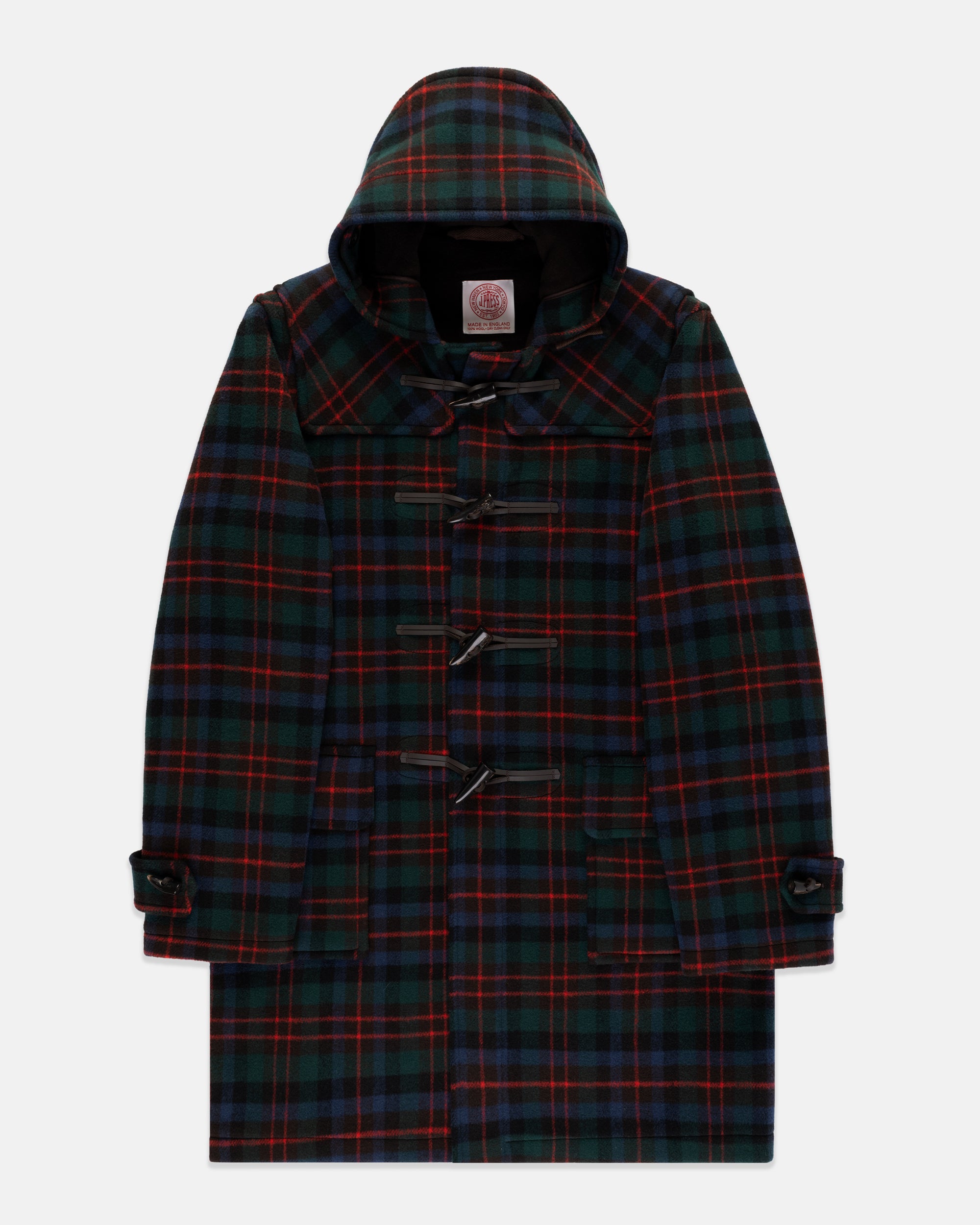 Made-in-England Black, Green, Blue & Red Tartan Classic Morris Duffle Coat