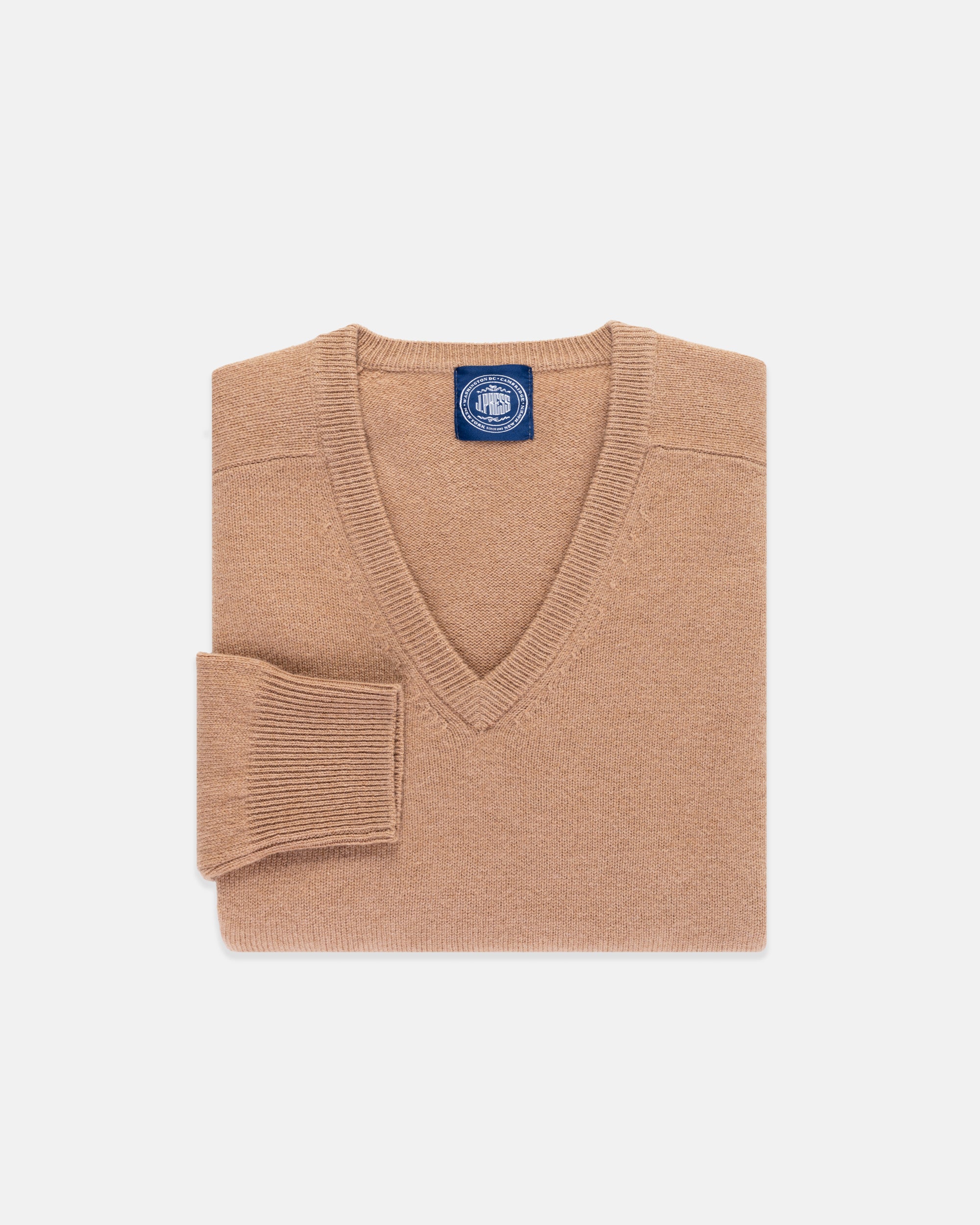 Camel Lambswool V-neck Sweater
