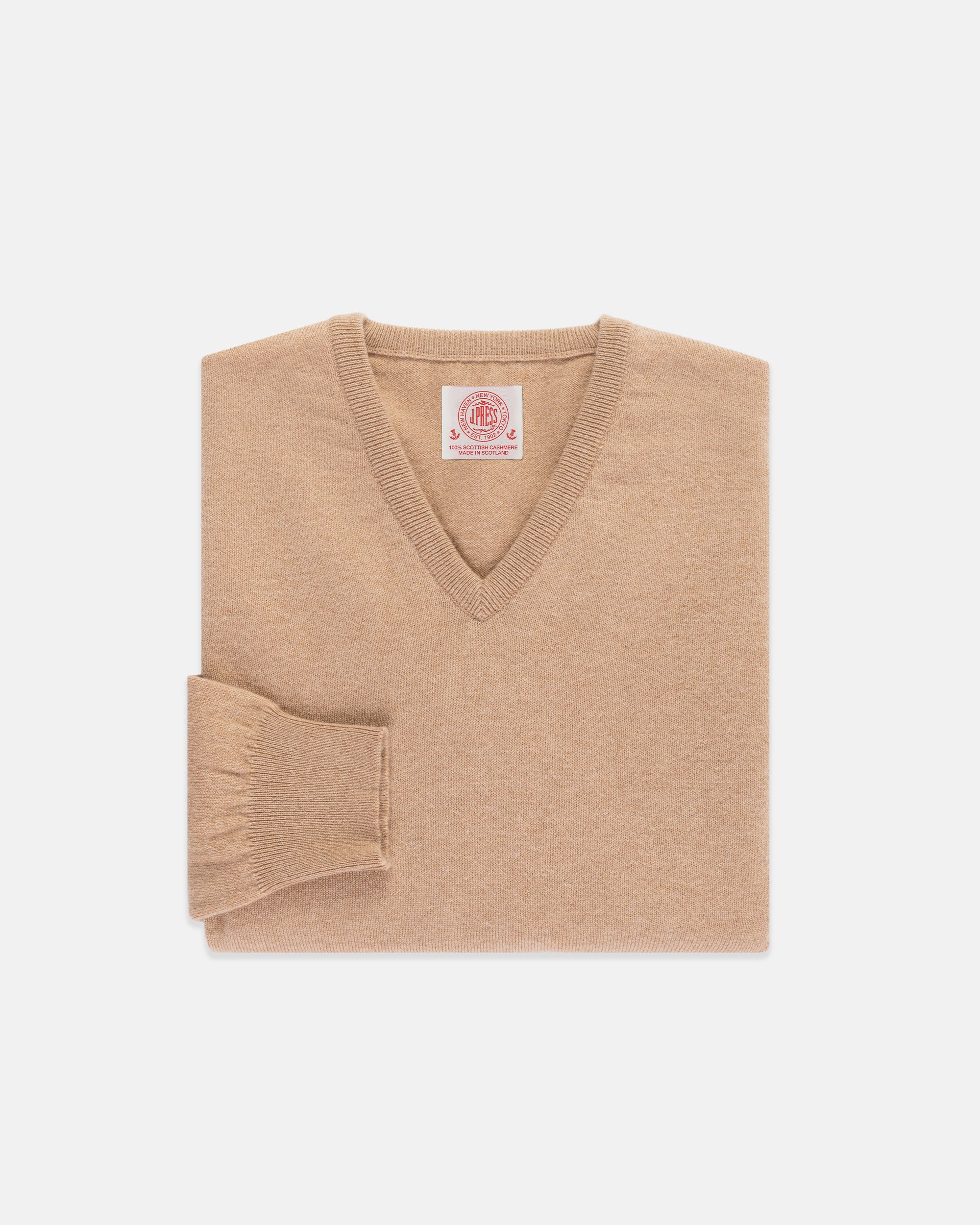 Made-in-Scotland Tan Cashmere V-neck Sweater