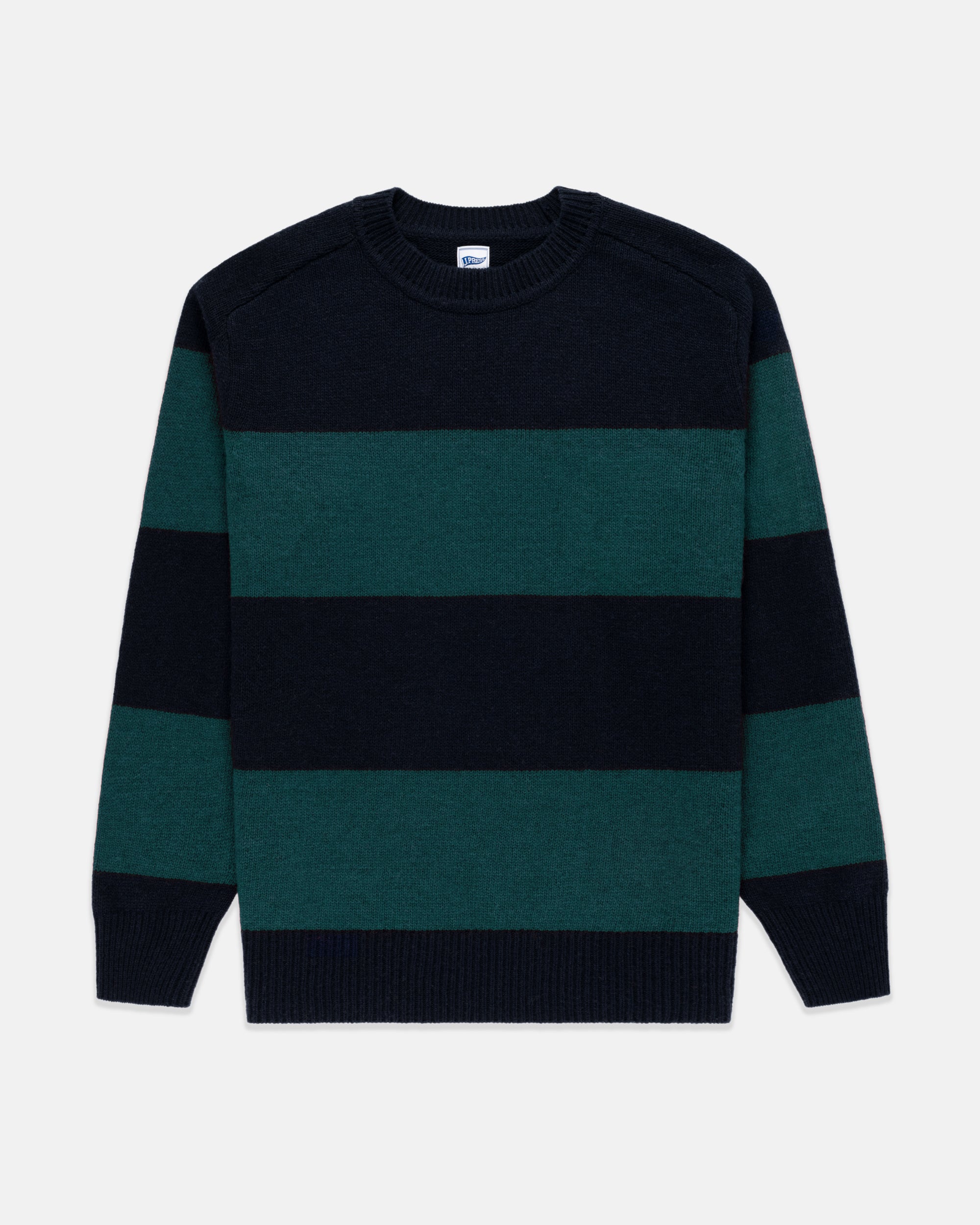 Green & Navy Rugby Stripe Crewneck Wool Sweater - Trim Fit