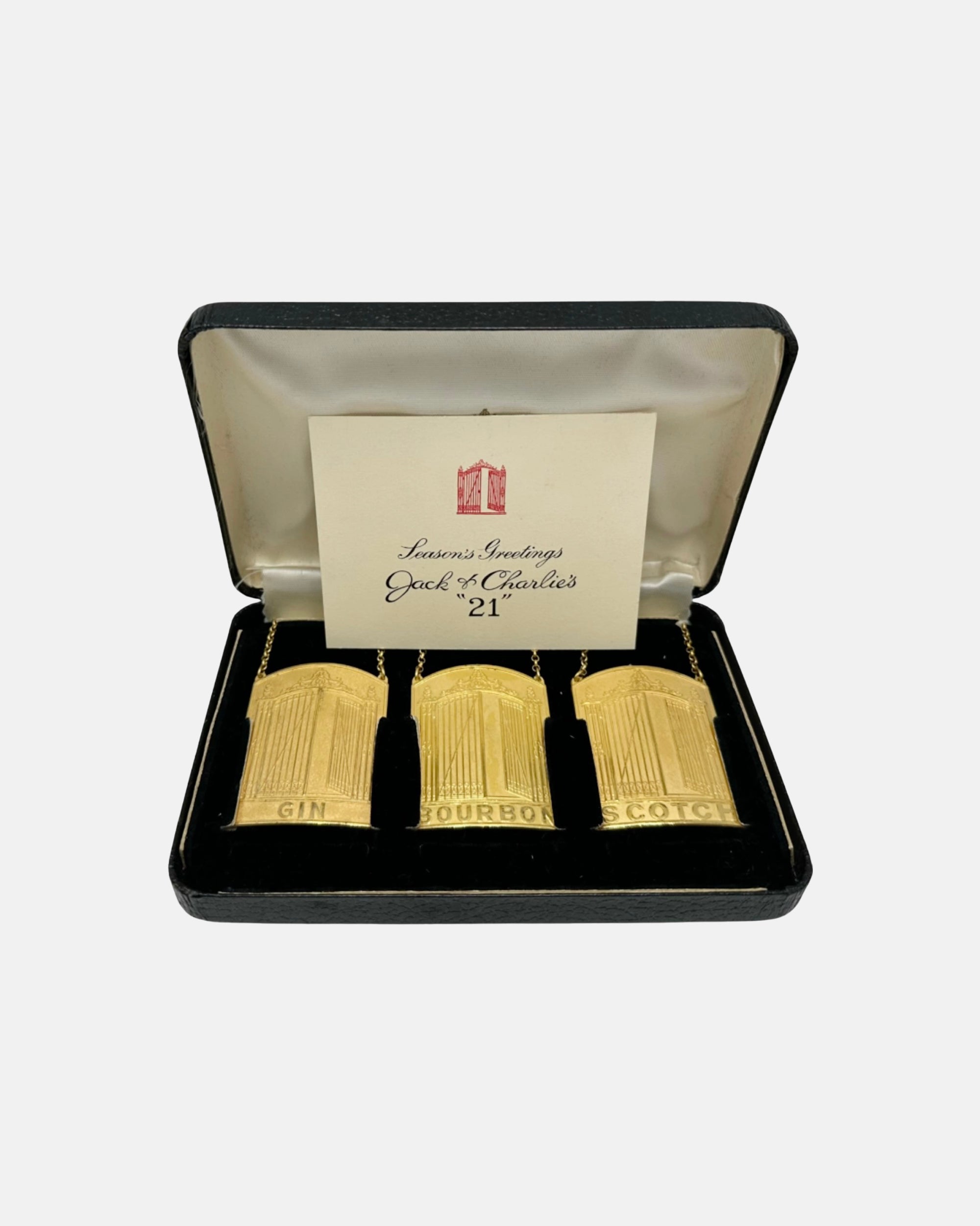 Vintage Set 3 The 21 Club NYC Restaurant Season's Greetings Decanter Tags