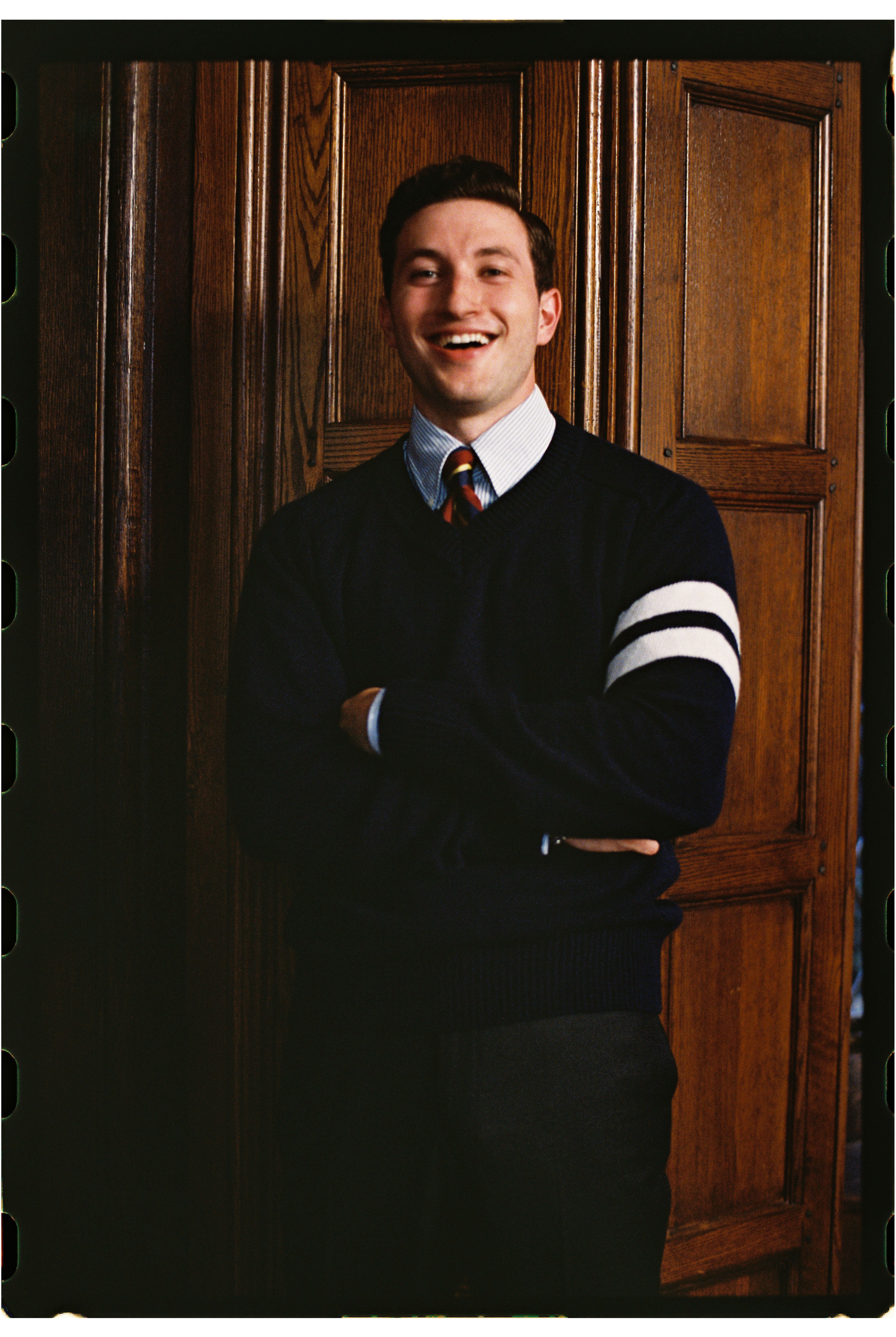 Navy Wool Sleeve Stripe V-Neck Sweater - Trim Fit