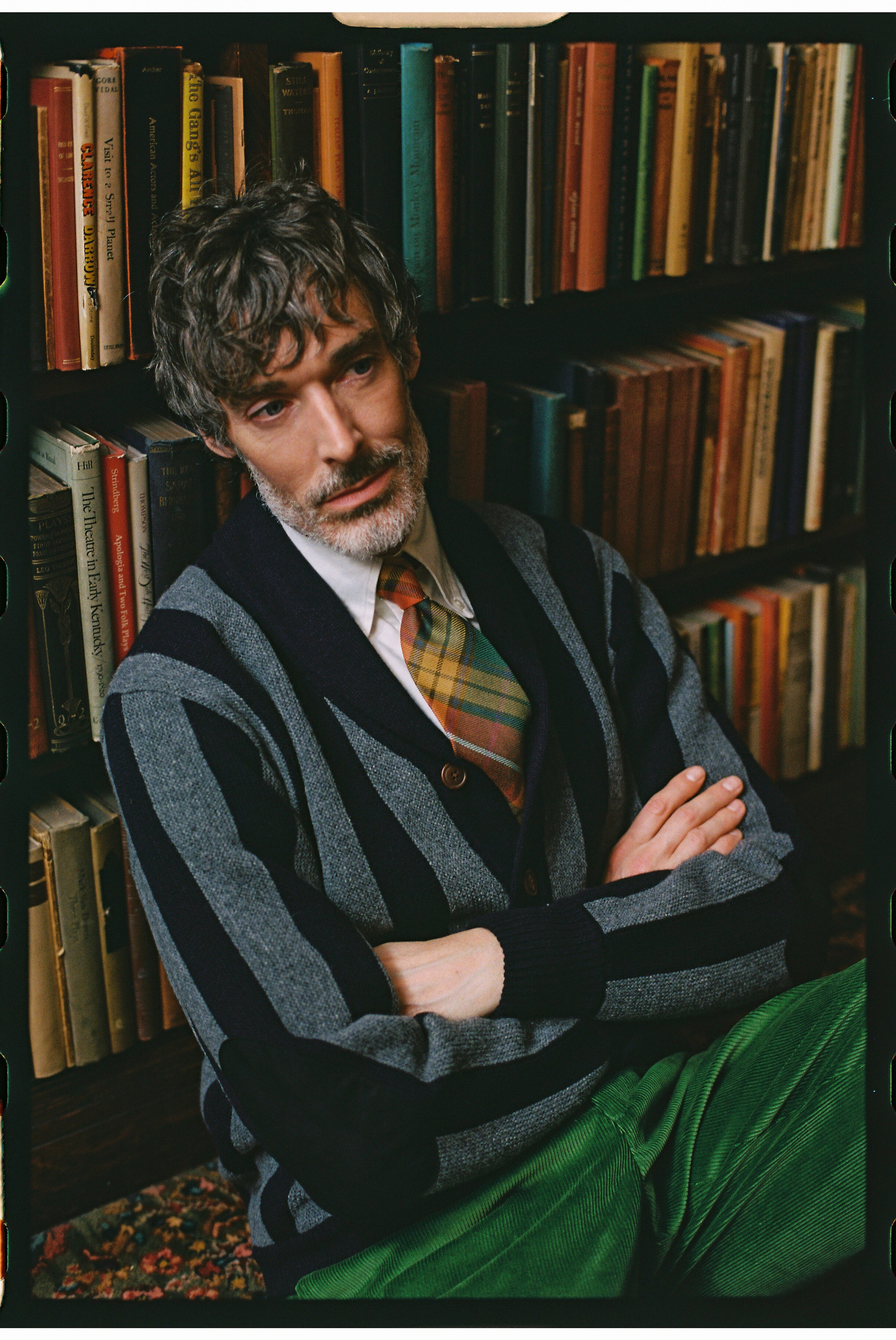 Navy & Grey Striped Varsity-Style Cotton Cardigan - Trim Fit