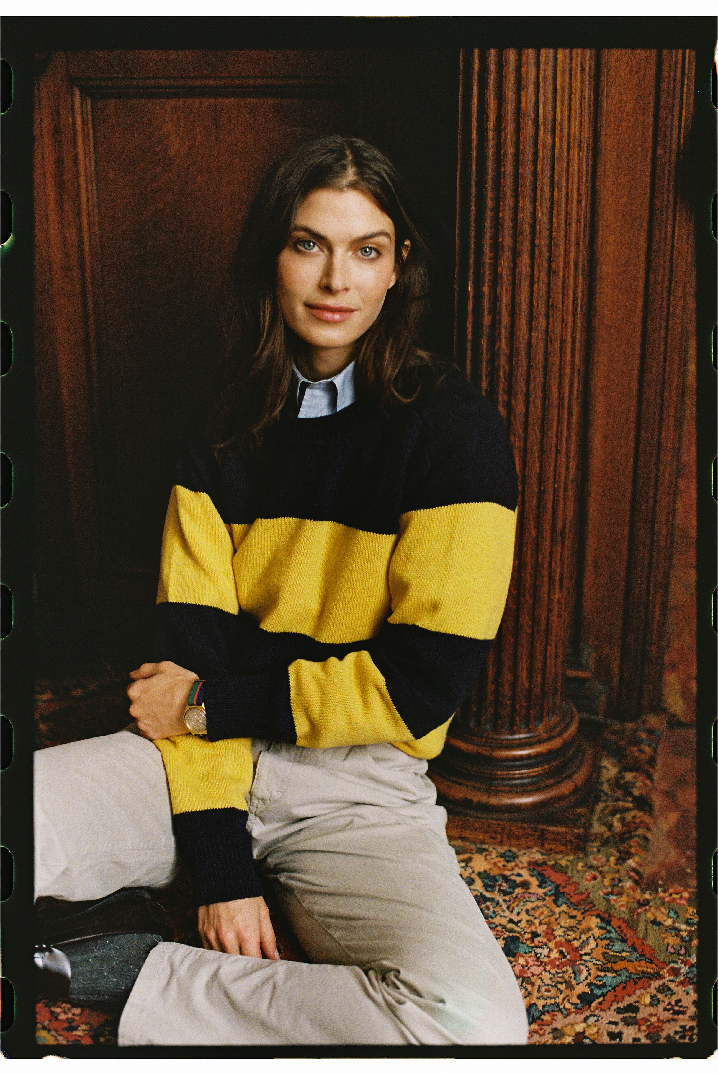 Yellow & Navy Rugby Stripe Crewneck Wool Sweater - Trim Fit