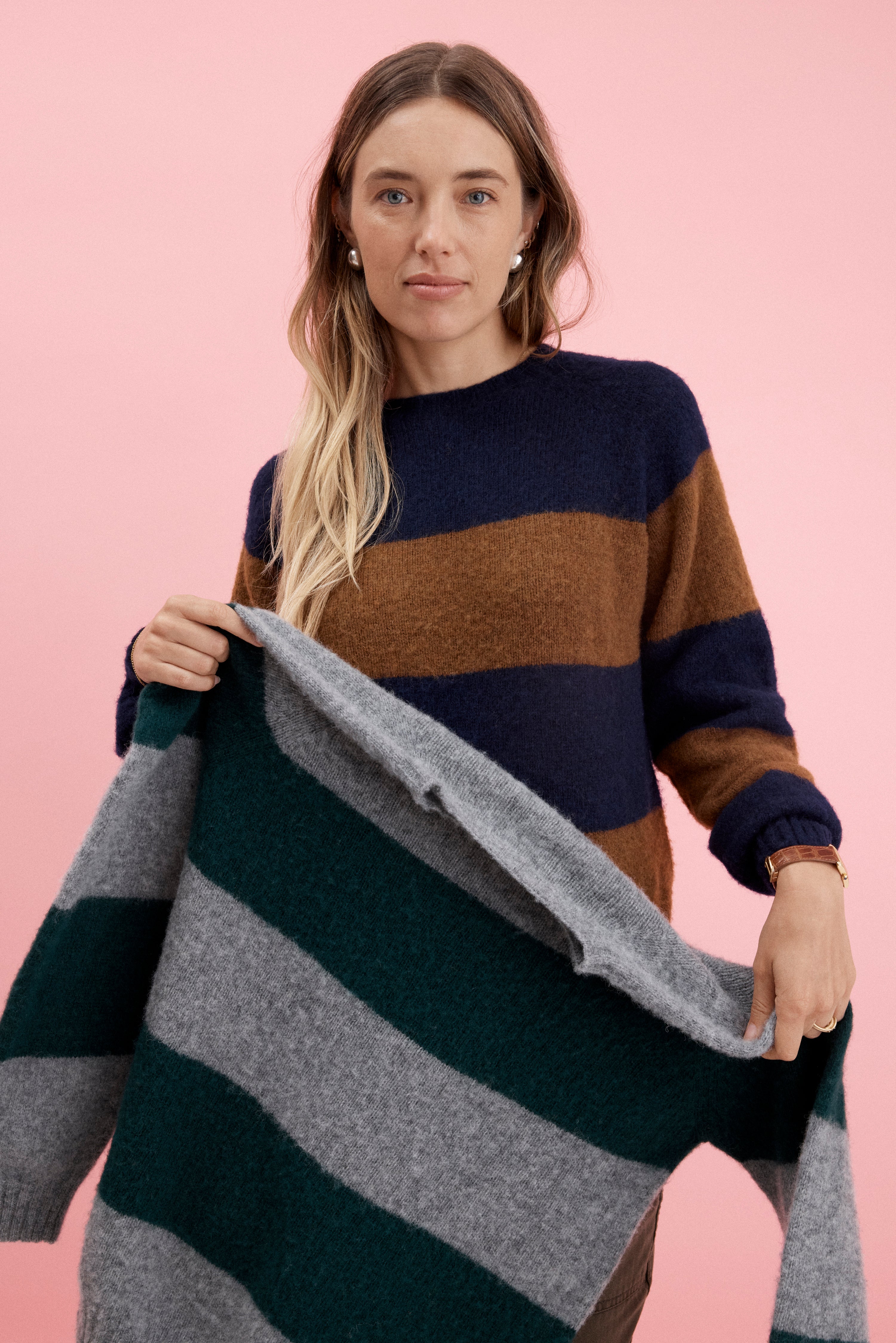 Made-in-Scotland Navy & Brown Stripe Shaggy Dog Sweater - Trim Fit