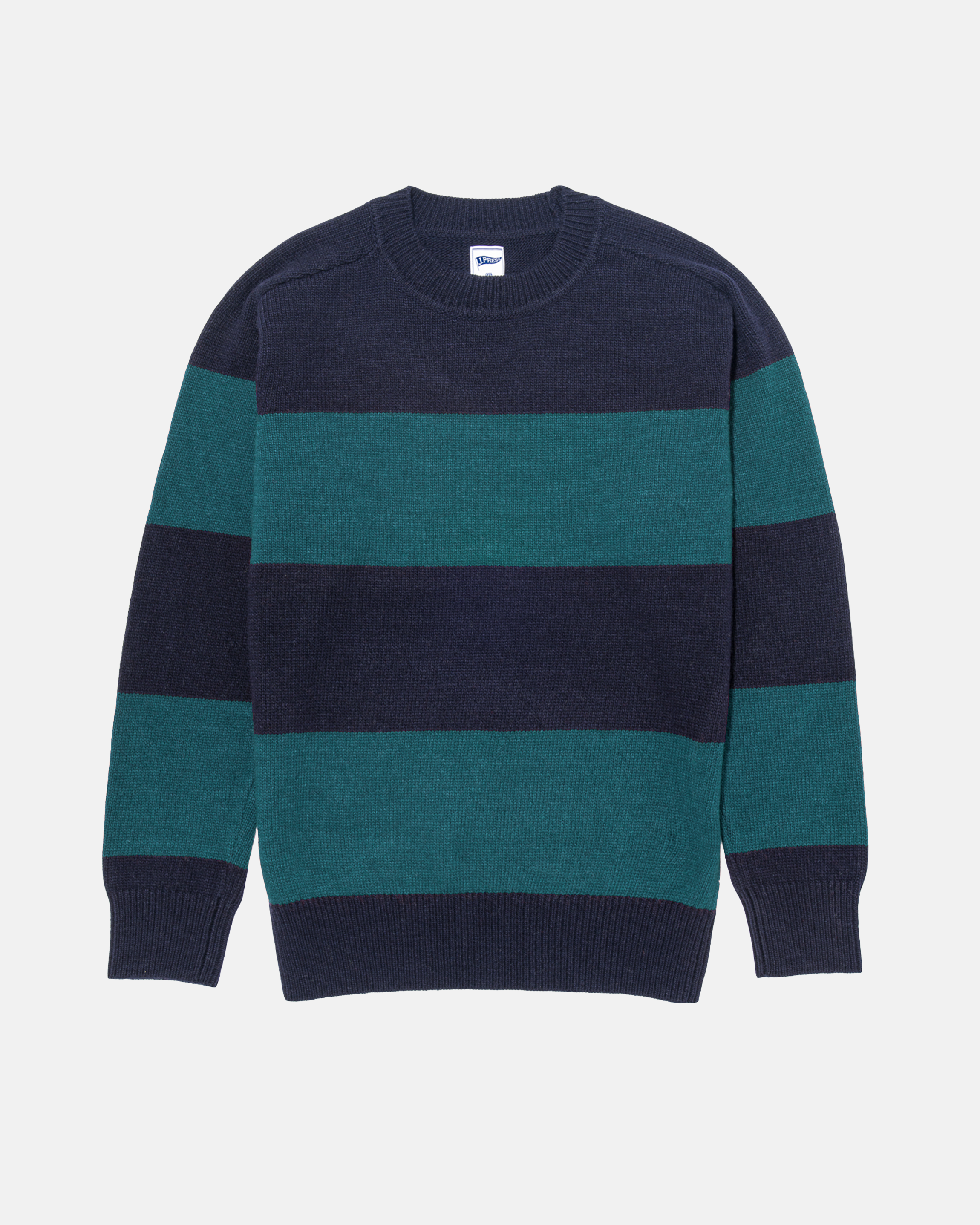 Green & Navy Rugby Stripe Crewneck Wool Sweater - Trim Fit