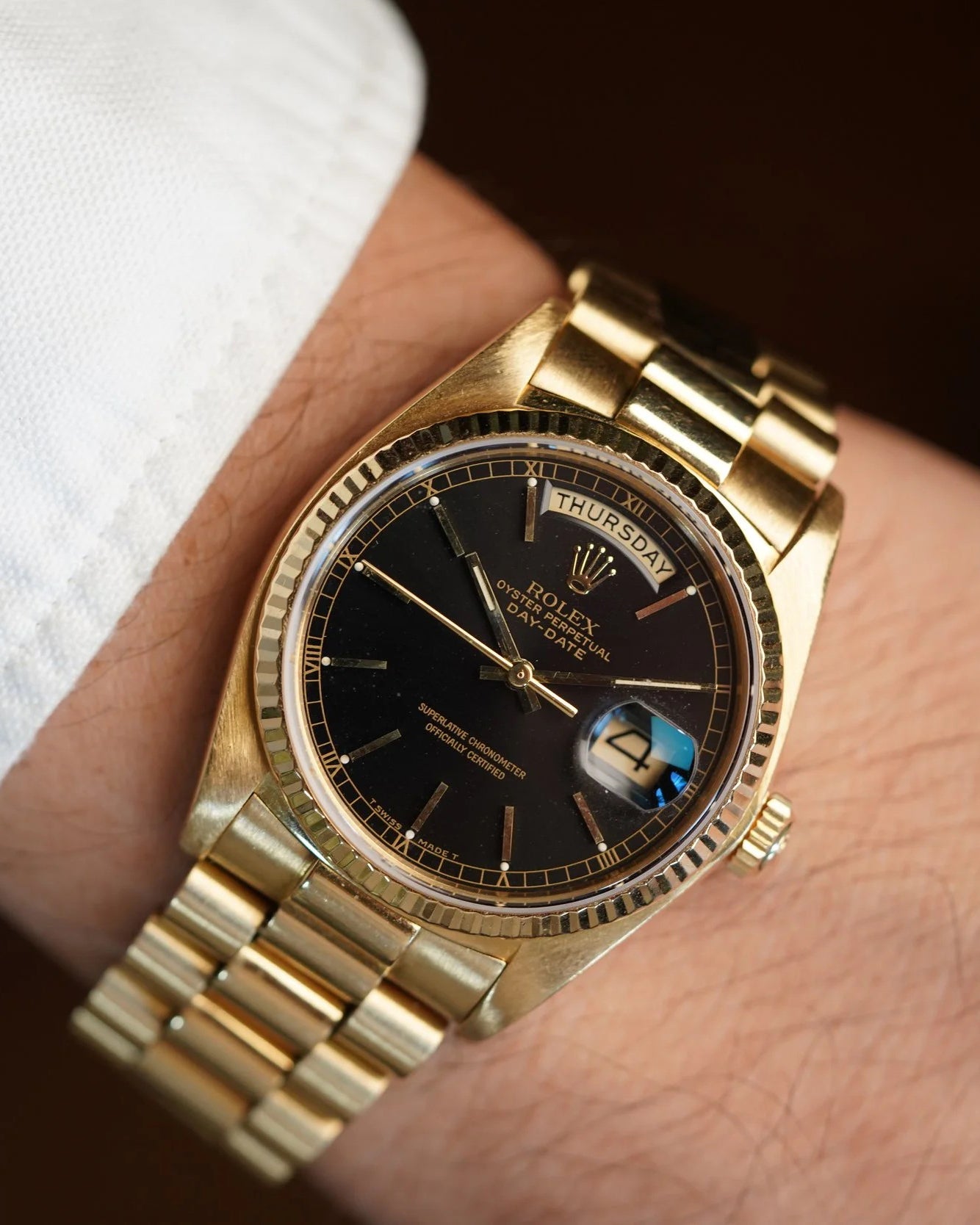 Rolex Black Dial Day-Date Reference 18038 in 18K Yellow Gold Full Set w/ Service Papers