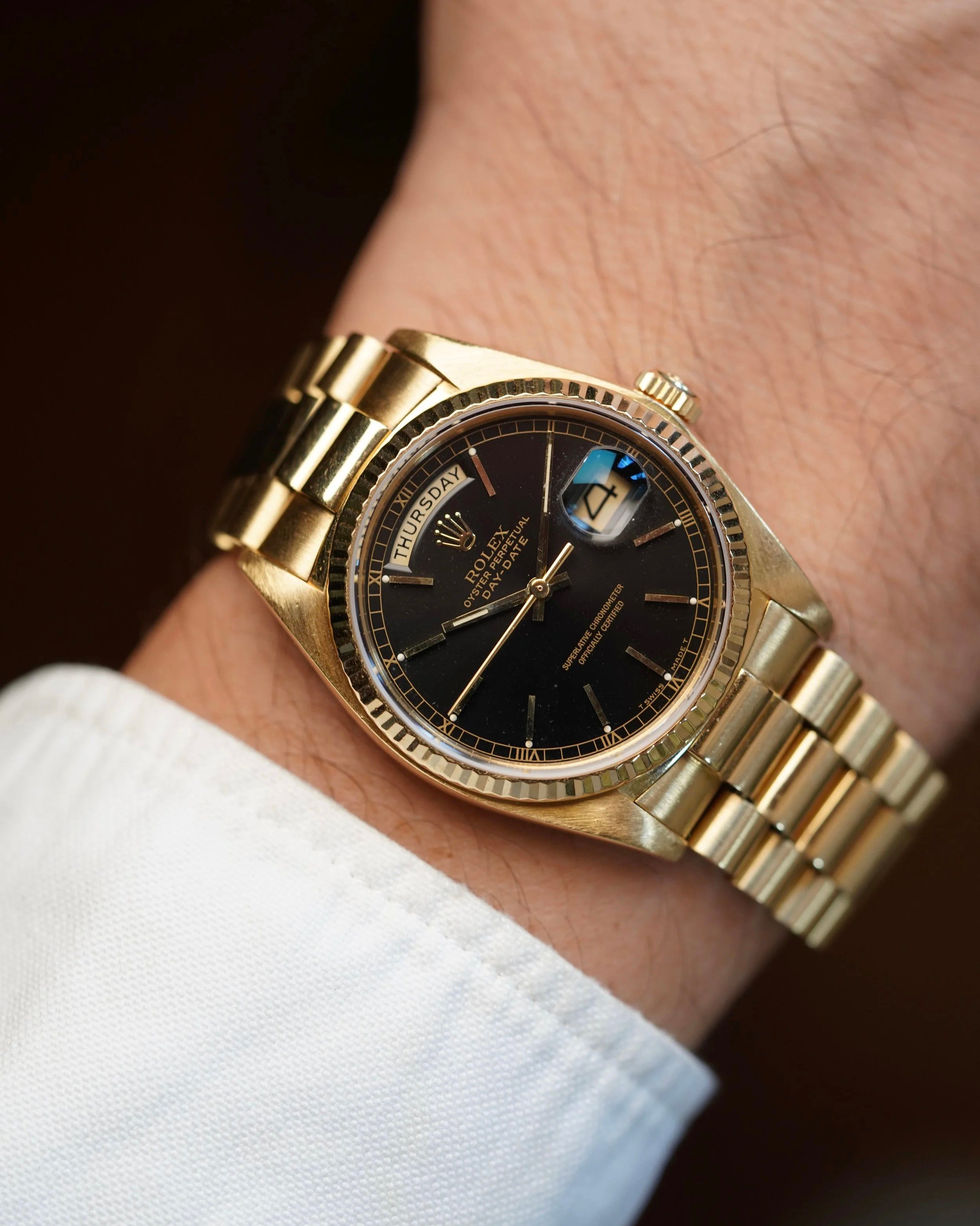 Rolex Black Dial Day-Date Reference 18038 in 18K Yellow Gold Full Set w/ Service Papers