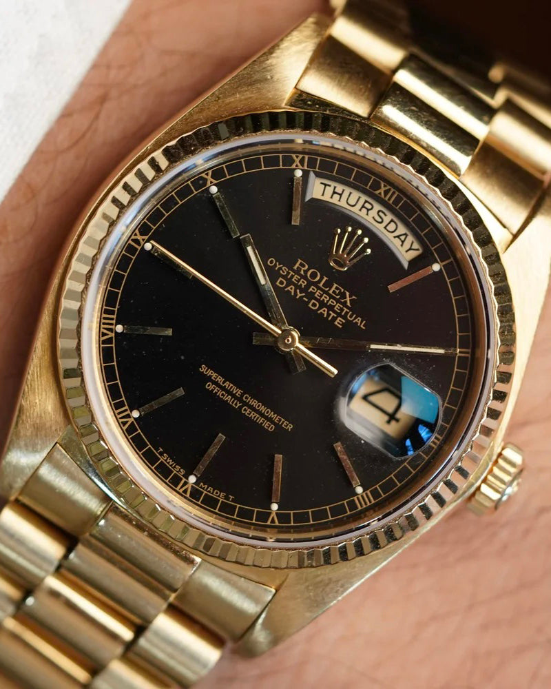 Rolex Black Dial Day-Date Reference 18038 in 18K Yellow Gold Full Set w/ Service Papers