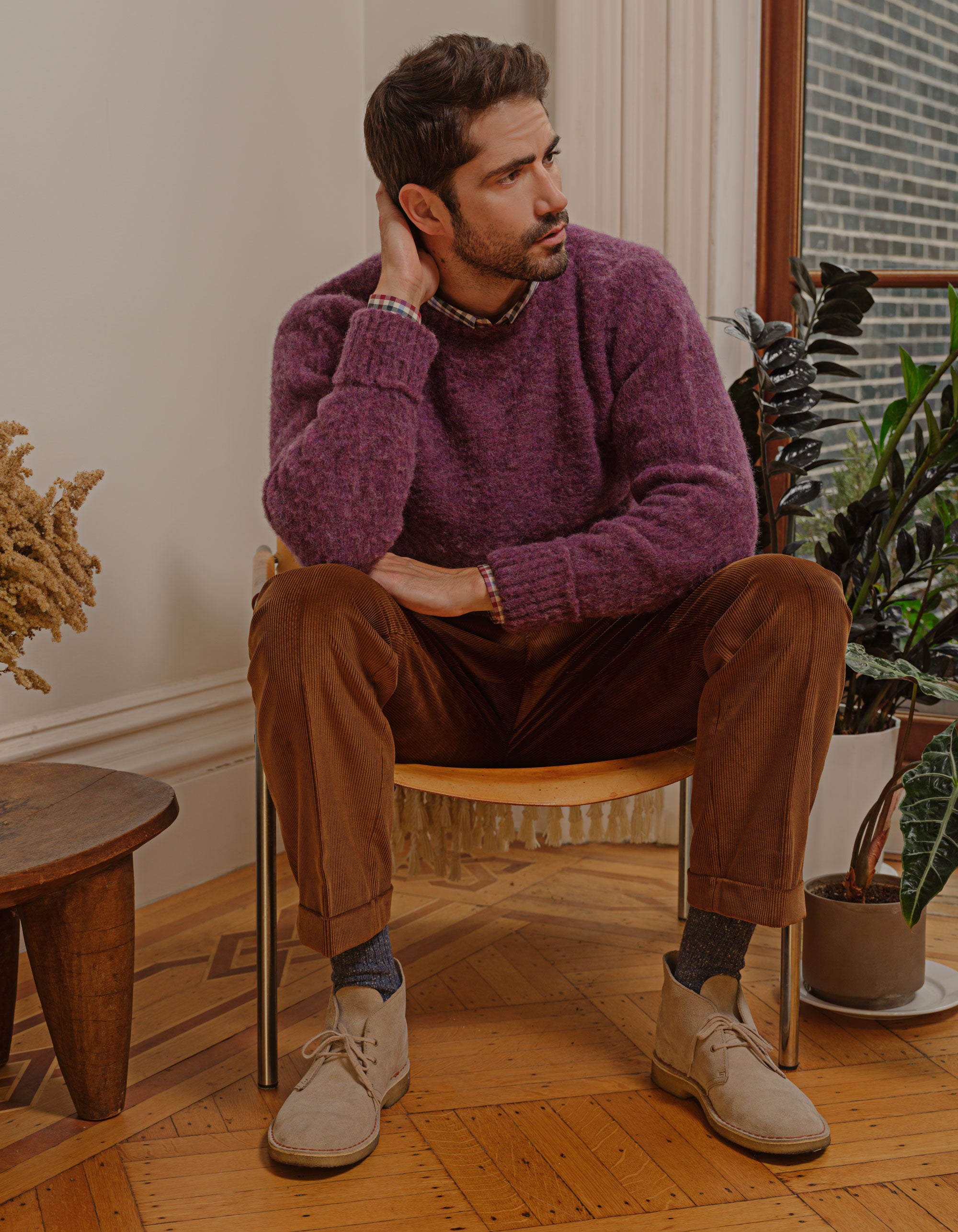 Purple sweater 2025 outfit mens