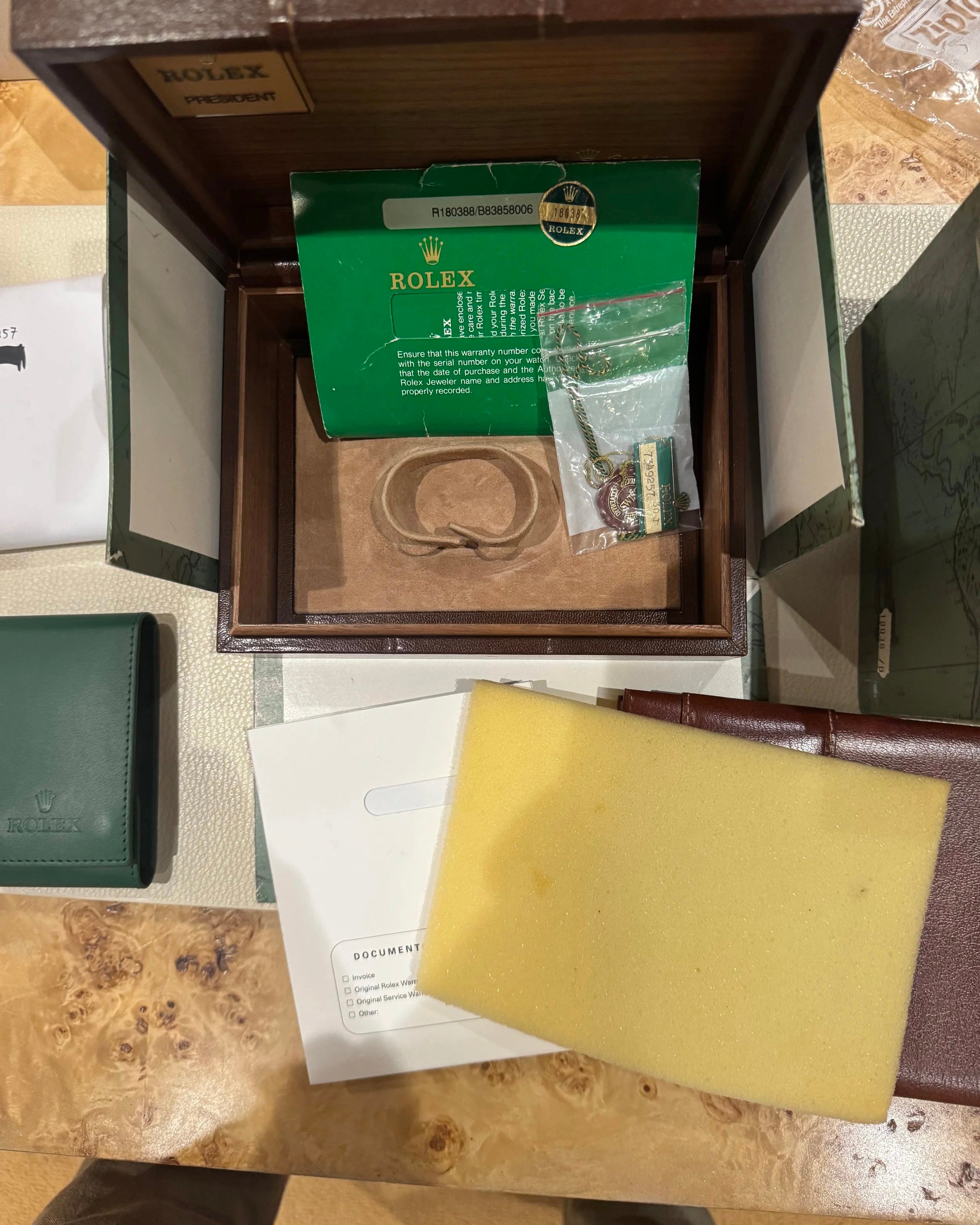 Rolex Black Dial Day-Date Reference 18038 in 18K Yellow Gold Full Set w/ Service Papers